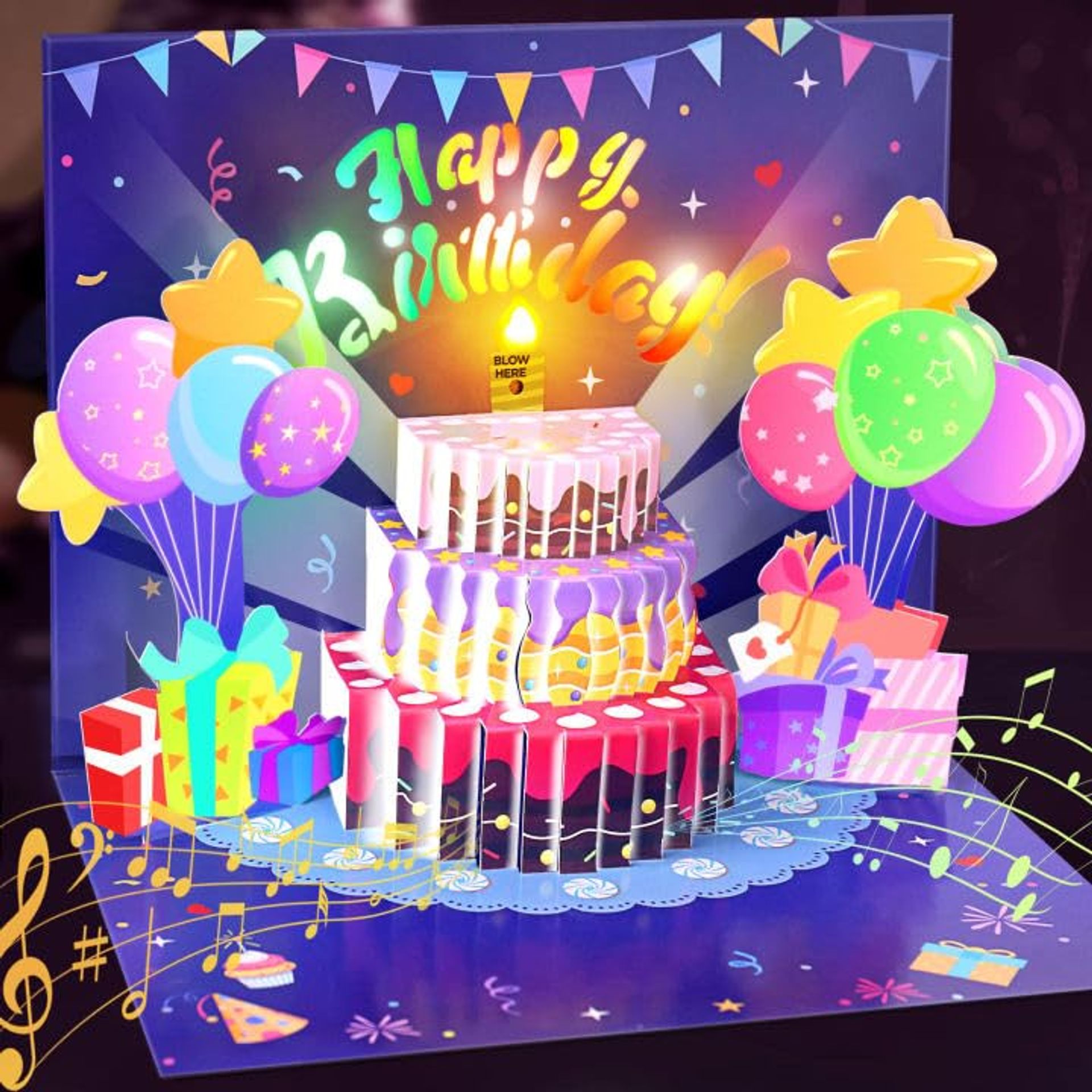 Birthday Cards, Musical Pop Up Greeting Card w Lights, Blow Out Candle Happy Birthday Card Birthday Gifts for Women Men Mom Dad Friends Kids Greeting Cards With Envelopes
