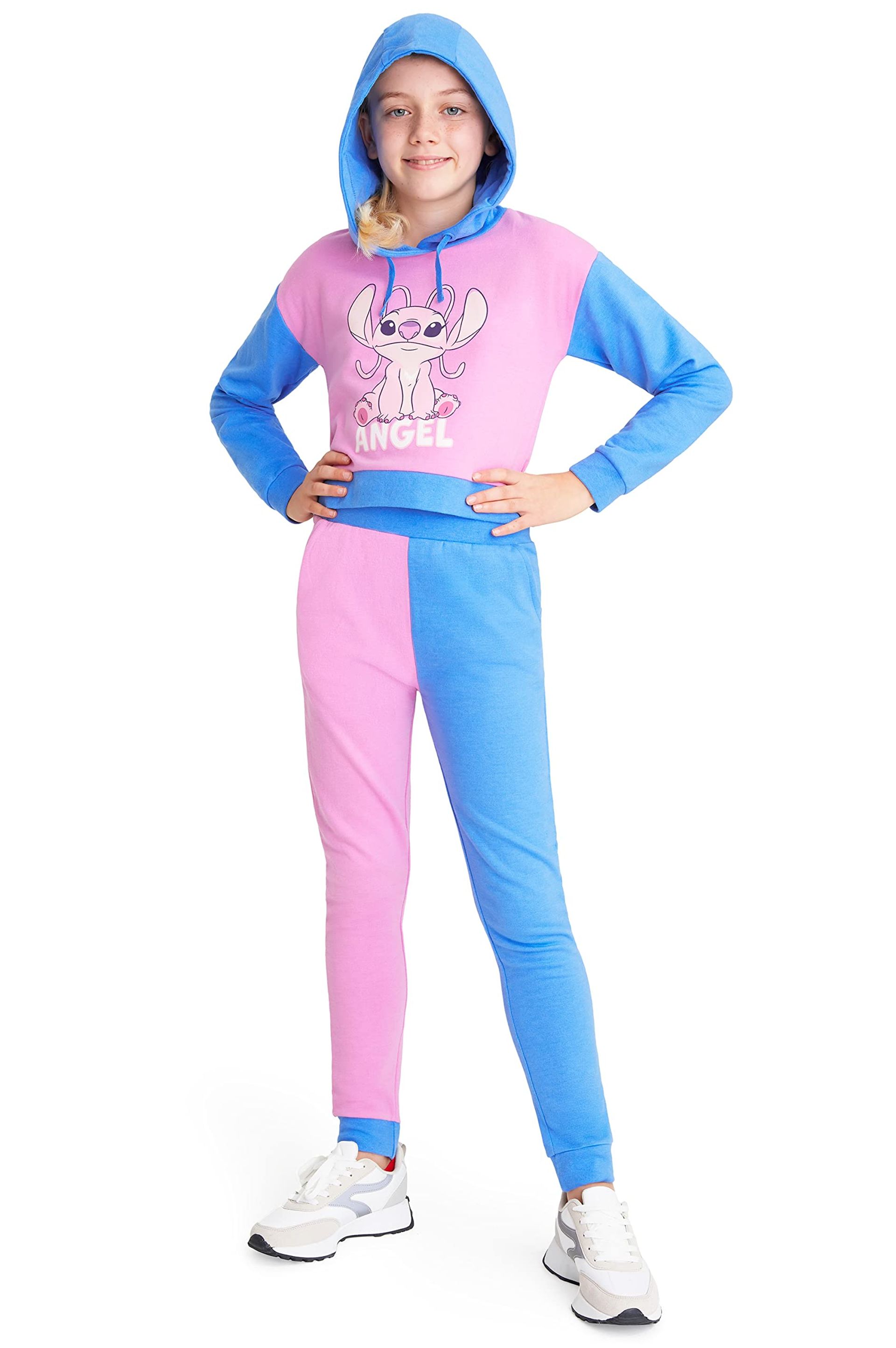 Girls Stitch Tracksuit Set with Cropped Hoodie or Sweatshirt & Joggers – Ages 11-12, Pink/Blue, Soft Breathable Outfit