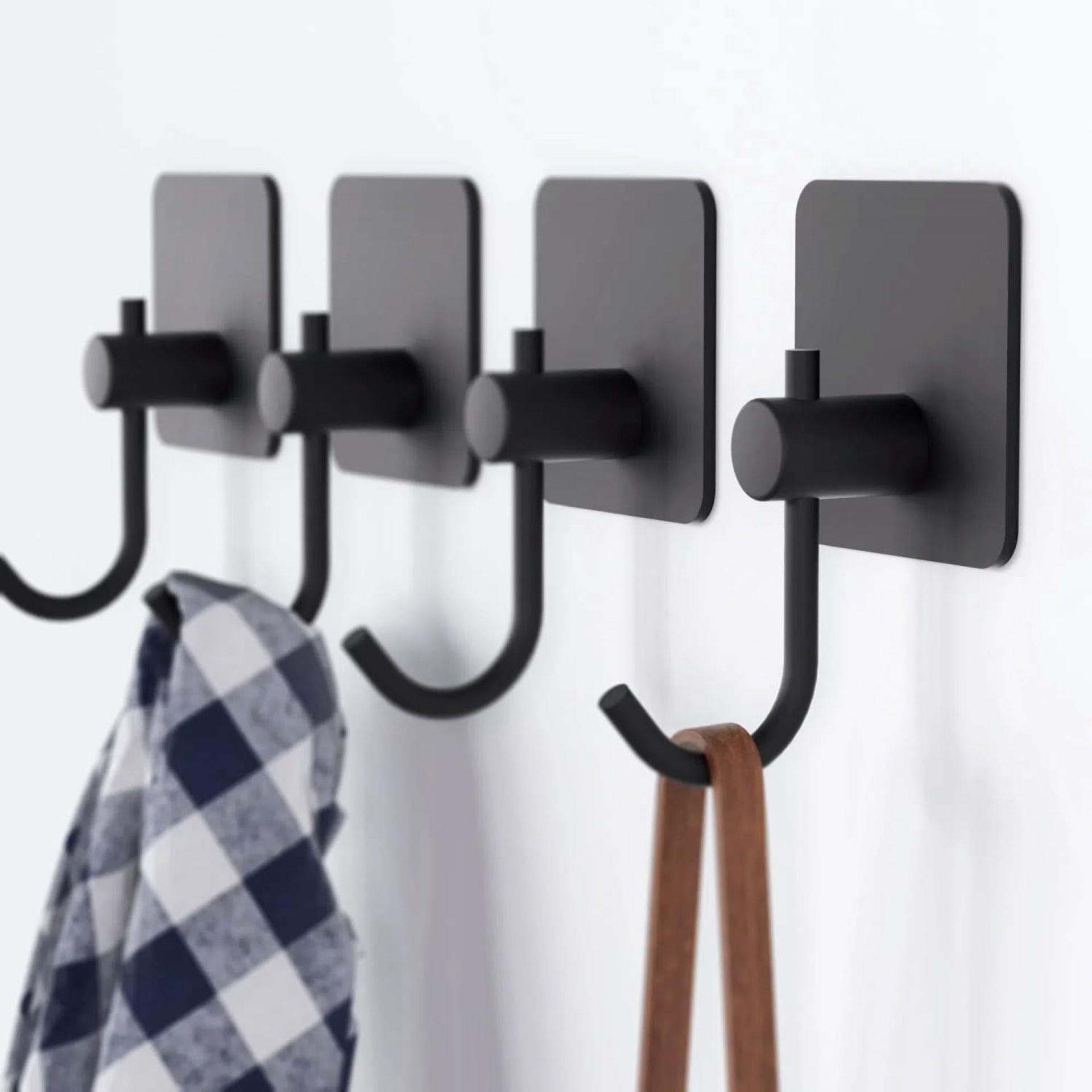 Strong Adhesive Towel Hooks - Black, No Nails Needed, Space-Saving for Bathroom & Kitchen - 4 Pack