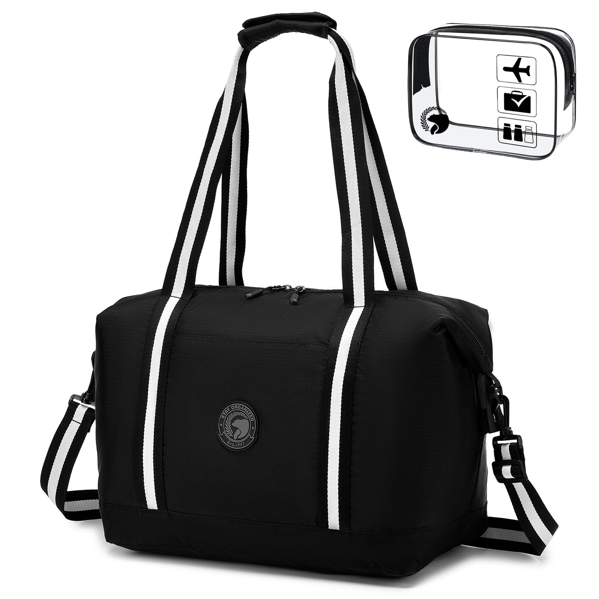 Foldable Travel Duffle Bag 30L Cabin Holdall Lightweight Underseat Carry On with TSA Toiletry Bag - Black 40x30x25 cm