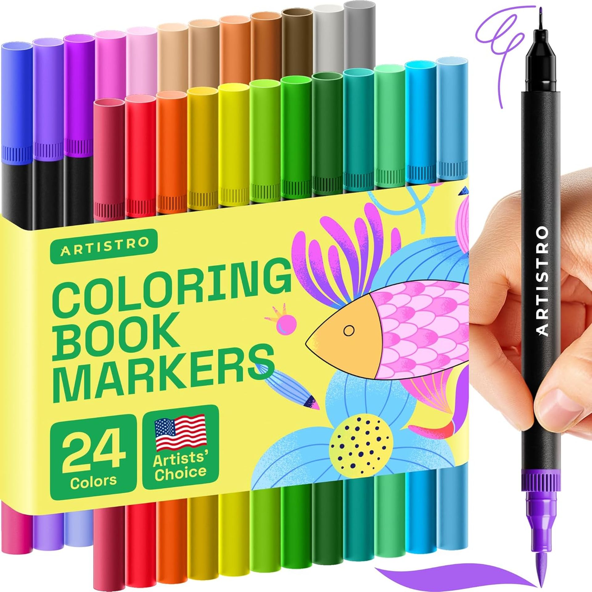 Dual Tip Colouring Markers - 24 Brush Tip & 0.4mm Fineliner for Bullet Journals & Adult Colouring, No Bleeding