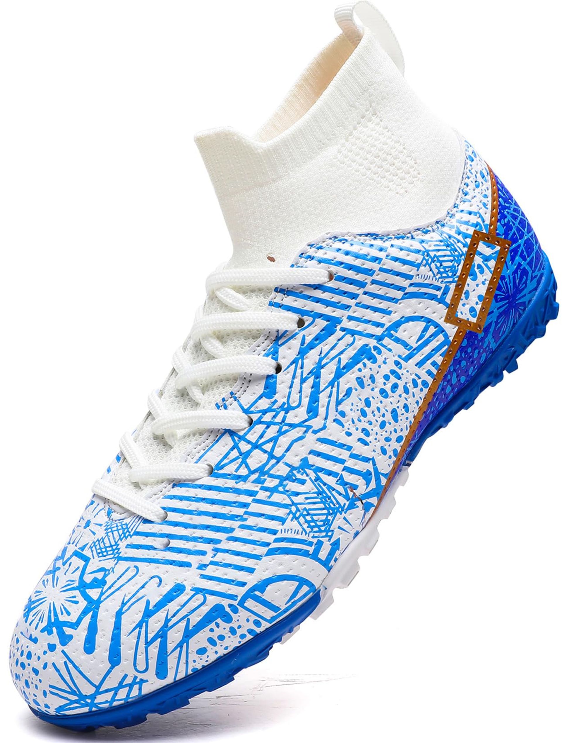 Boys Football Boots Kids Astro Turf Soccer Shoes Professional Cleats with Spikes - White Blue EU39