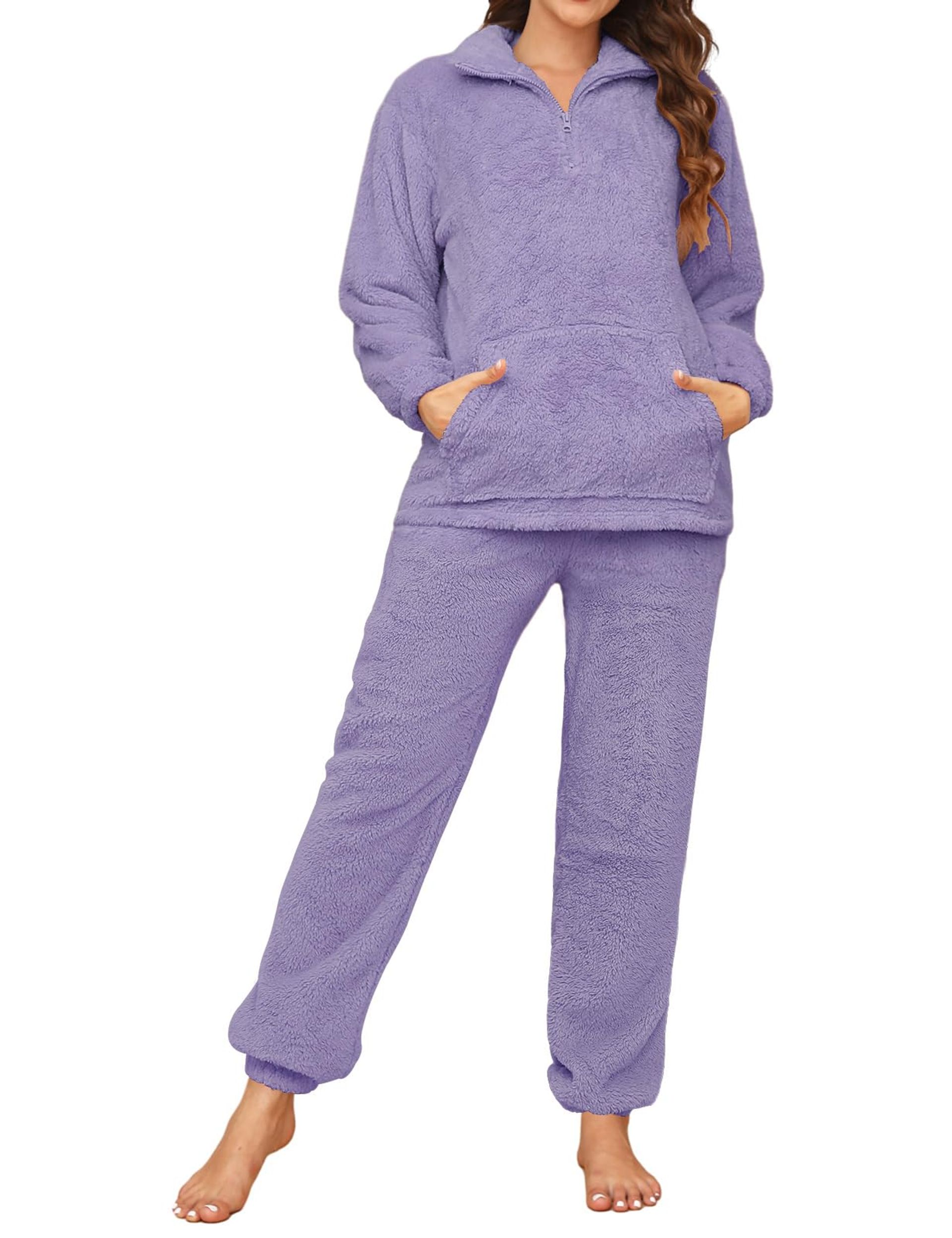 RITOSTA Dames pyjama sets winter 2-delige fleece pyjama gebreide Co Ord trainingspak set dames loungewear lange mouw pluche outfit nachtkleding ronde hals pullover top trekkoord broek, Zwart, L