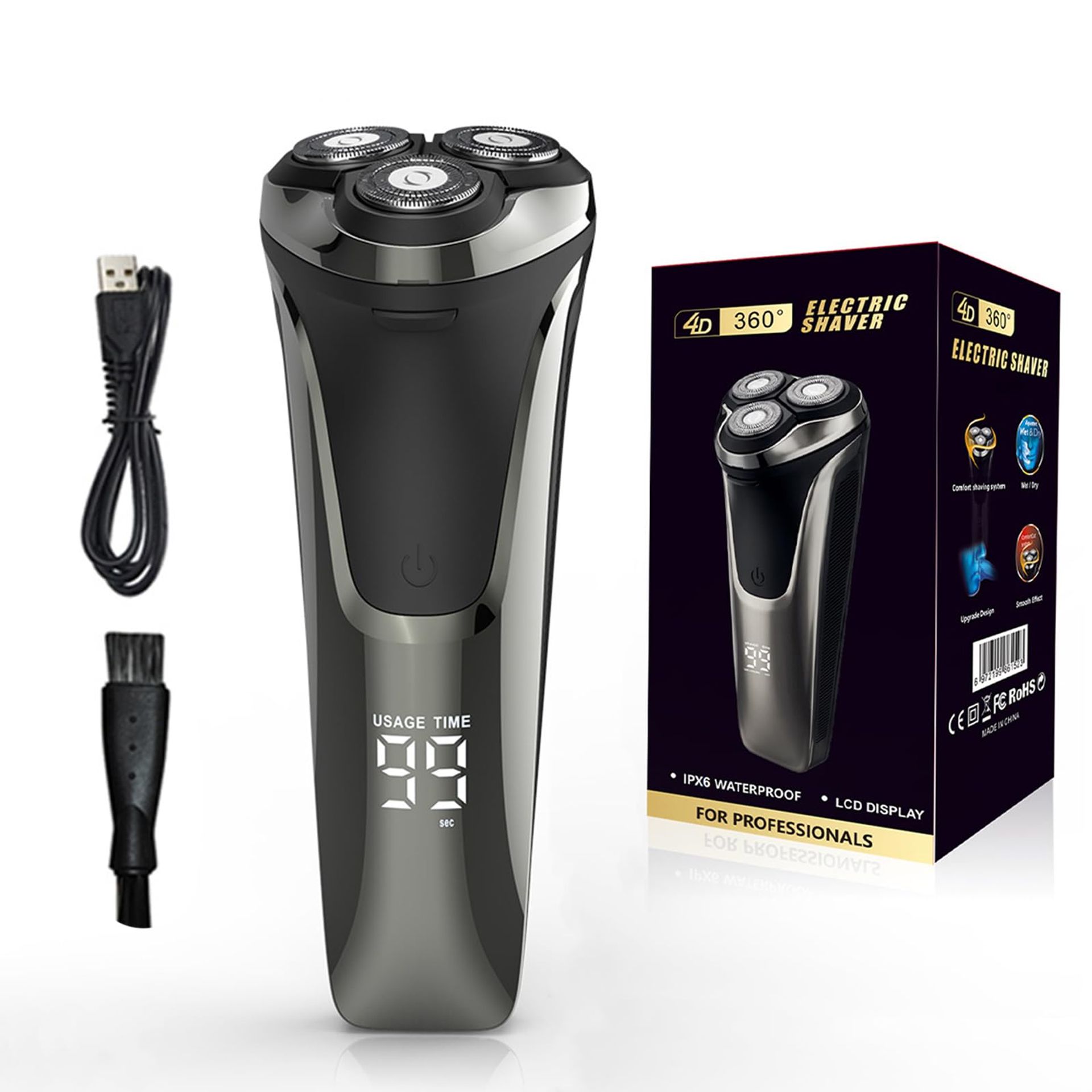 Men's Cordless Electric Shaver 2-in-1 Rotary Razor Wet & Dry IPX7 Waterproof with Pop-up Trimmer - Grey FK-375S - Valentines