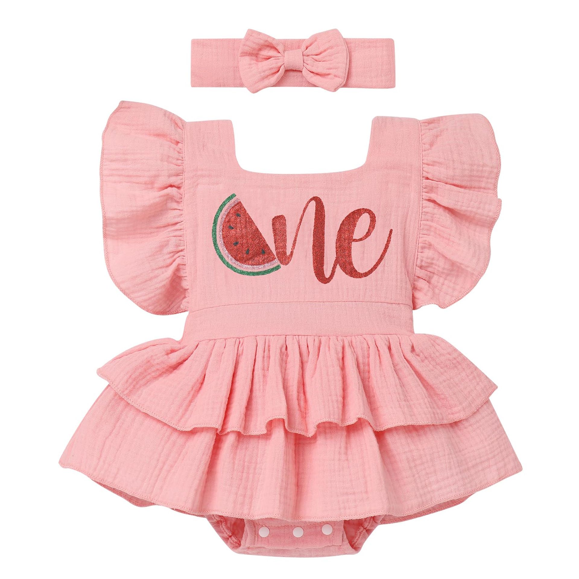 Baby Girls 1st Birthday Watermelon Smash Outfit, Ruffle Bubble Romper with Headband, 12-18 Months