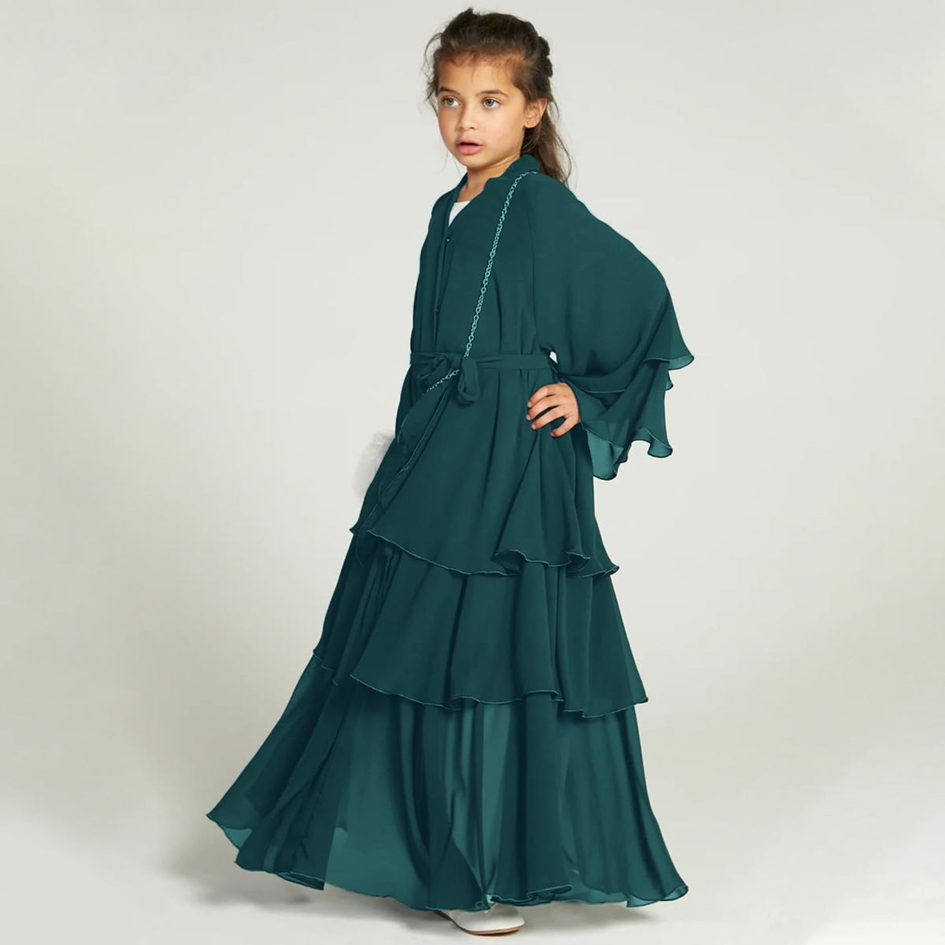Girls Dark Green Three-Layered Chiffon Abaya Dress With Hijab, 4-5 Years