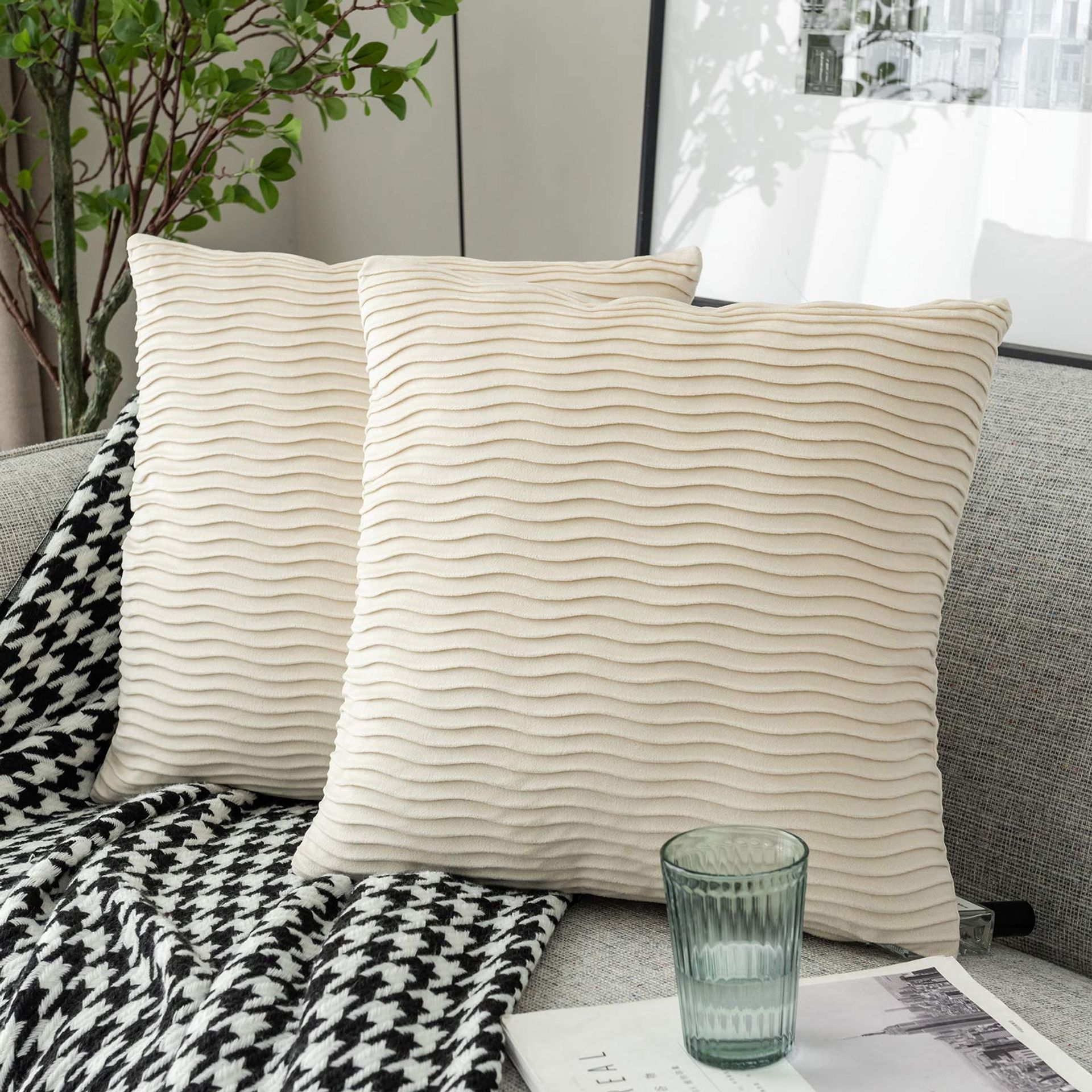 Yamonic 2 Pack Cushion Covers 18x18 Inch Creamy Velvet with Wave Pattern for Sofa & Bed