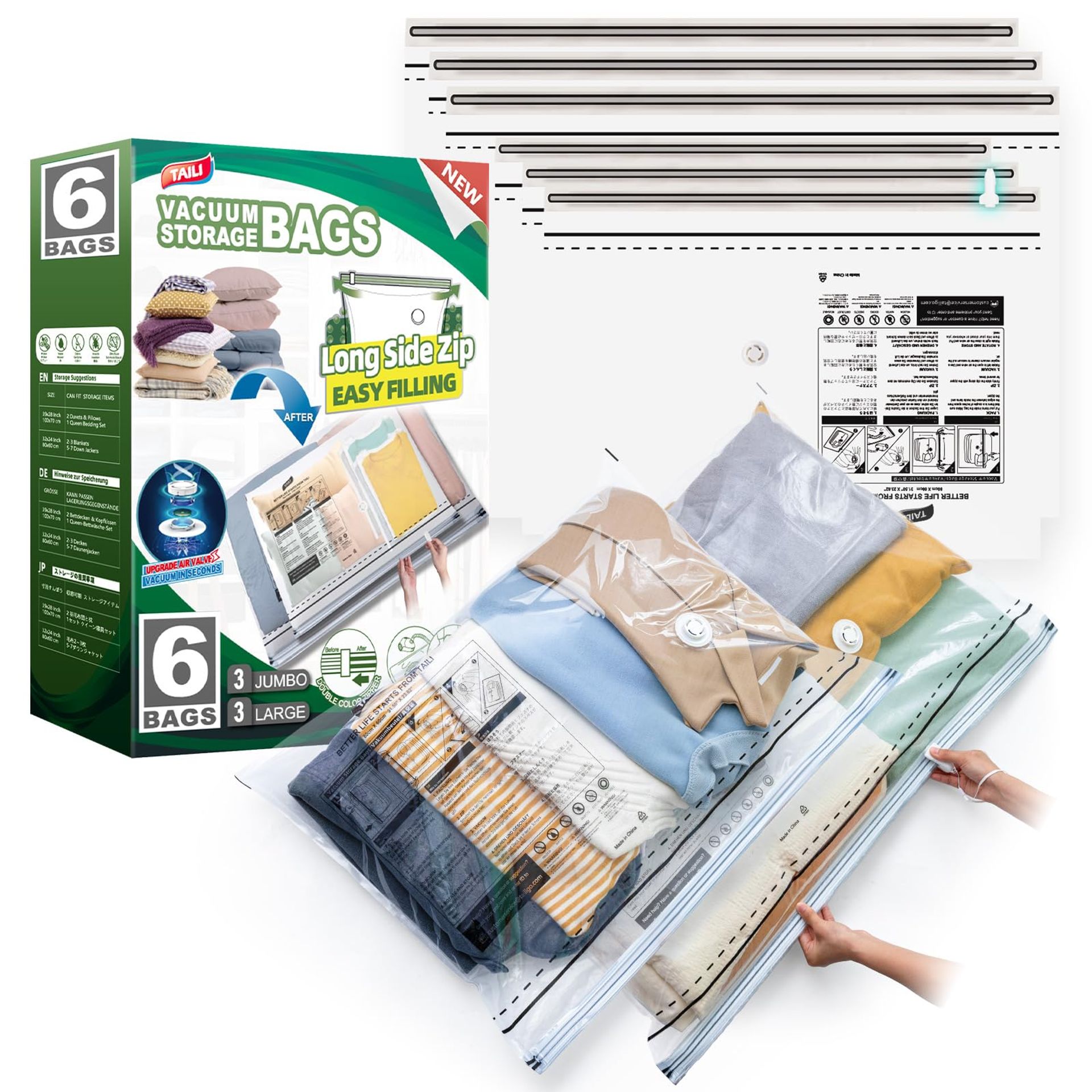 Vacuum Storage Bags with Side Zip, 6 Pack (3 Large & 3 XL) for Clothes, Duvets, Bedding & Travel - Reusable Space Saver Bags