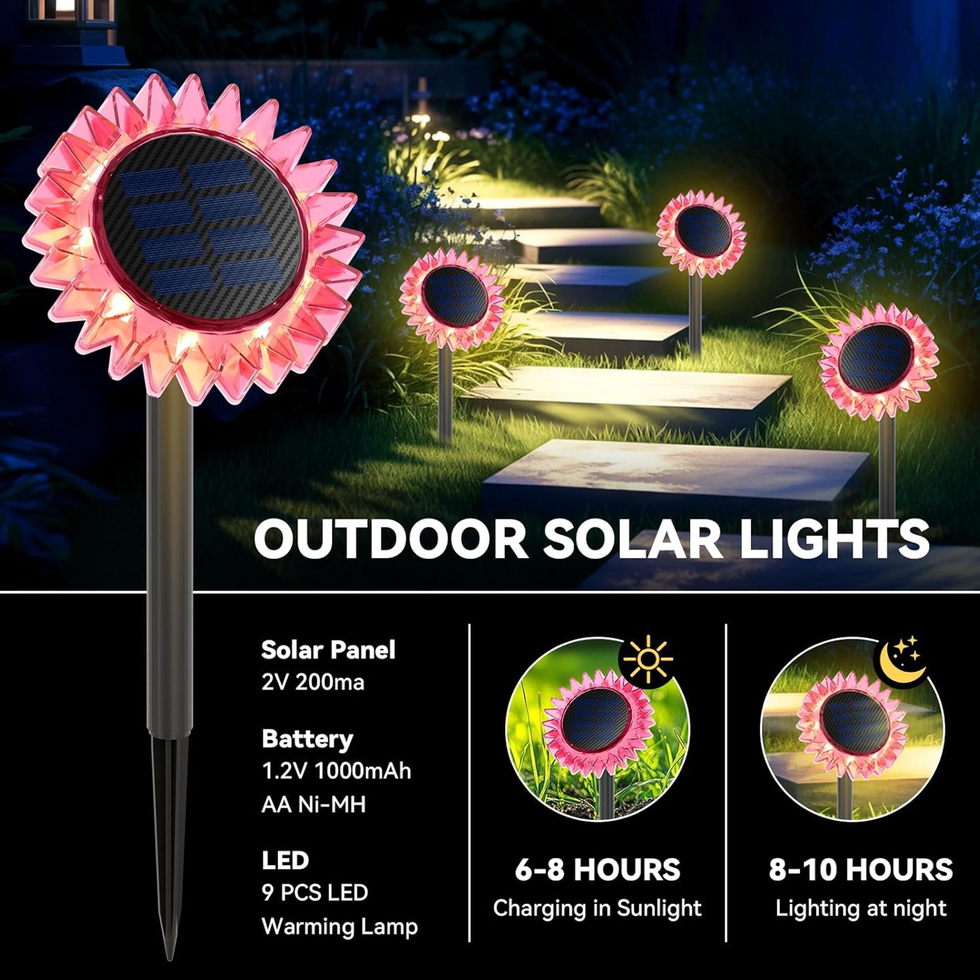 Solar Sunflower Garden Lights 4 Pack, IP67 Waterproof Outdoor LED Pathway & Fence Decoration