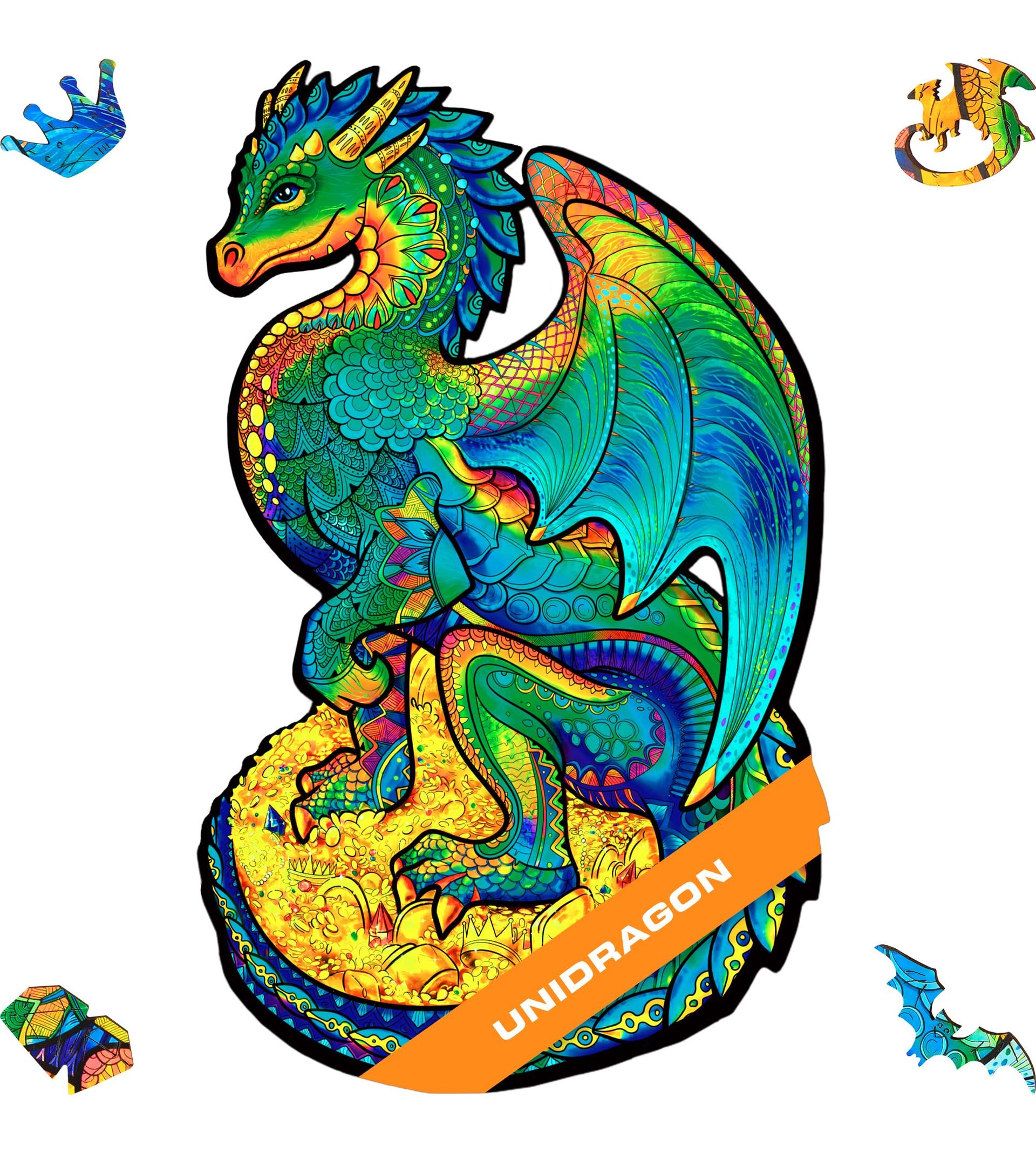 Wooden Jigsaw Puzzle Dragon Design, Unique Shaped Pieces, Fun Gift for Adults & Kids, 97 pcs, 16x26cm Small Size