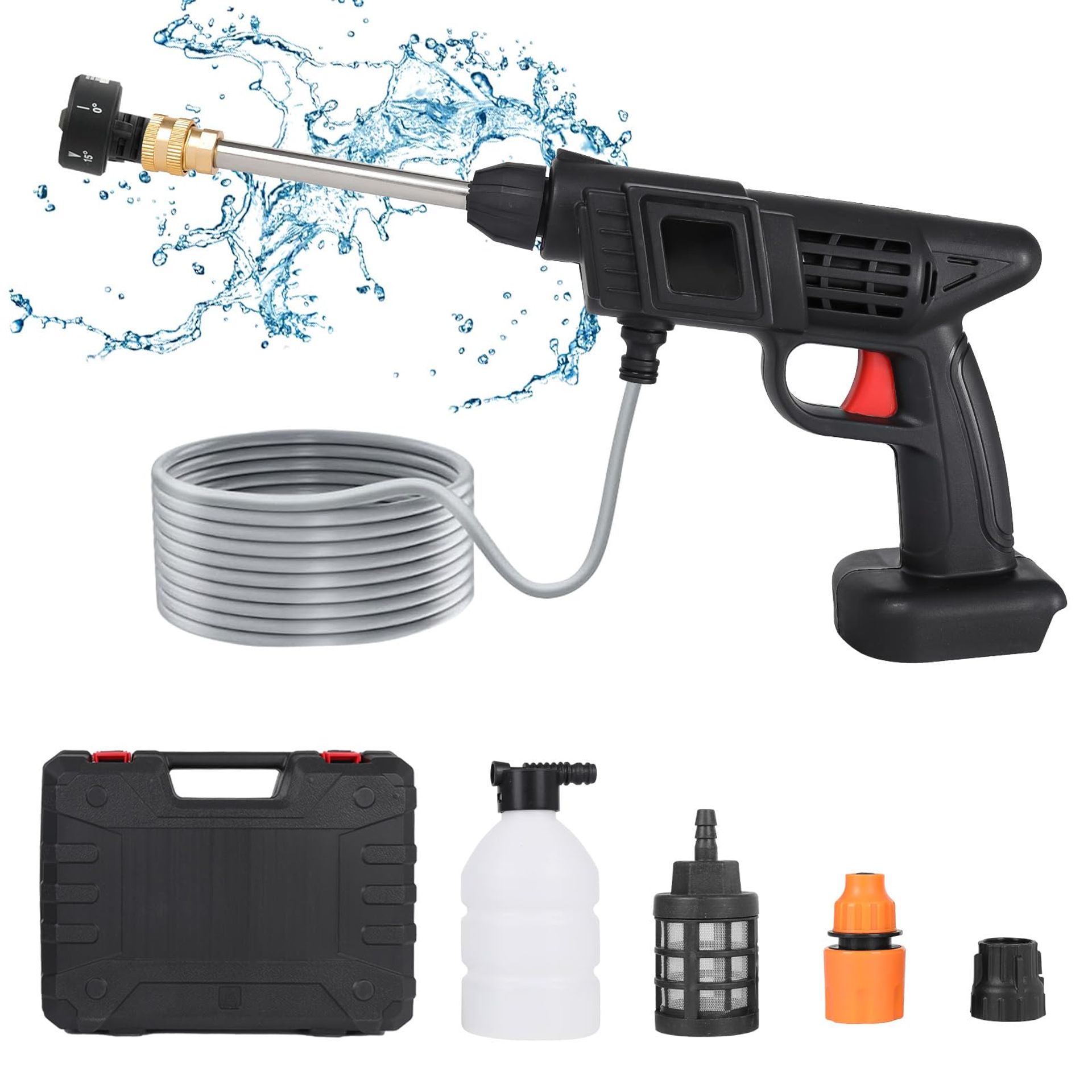 Cordless Pressure Washer Compatible with Makita 18V Battery 6-in-1 Nozzle Foam Pot 16ft Hose for Car Home Garden - Black
