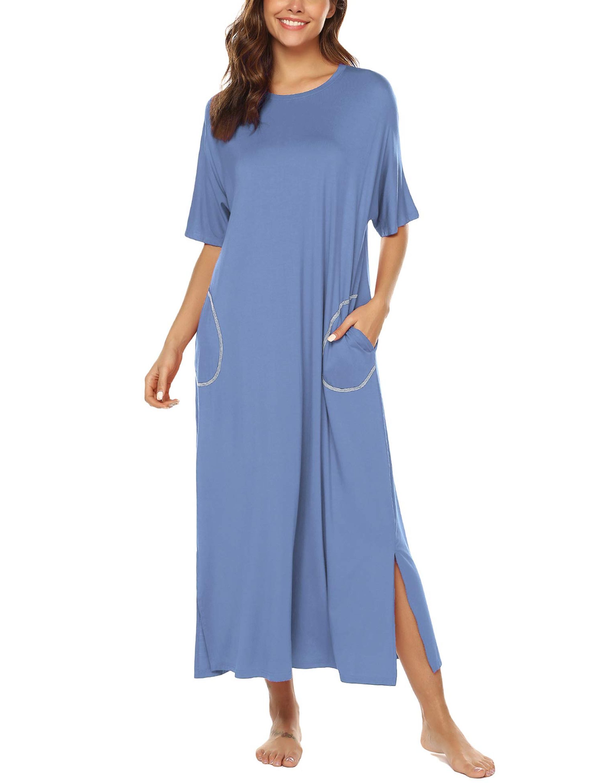 Women's Nightgown Soft Modal Lounge Dress with Pockets Round Neck Loose Fit - Sky Blue XXL
