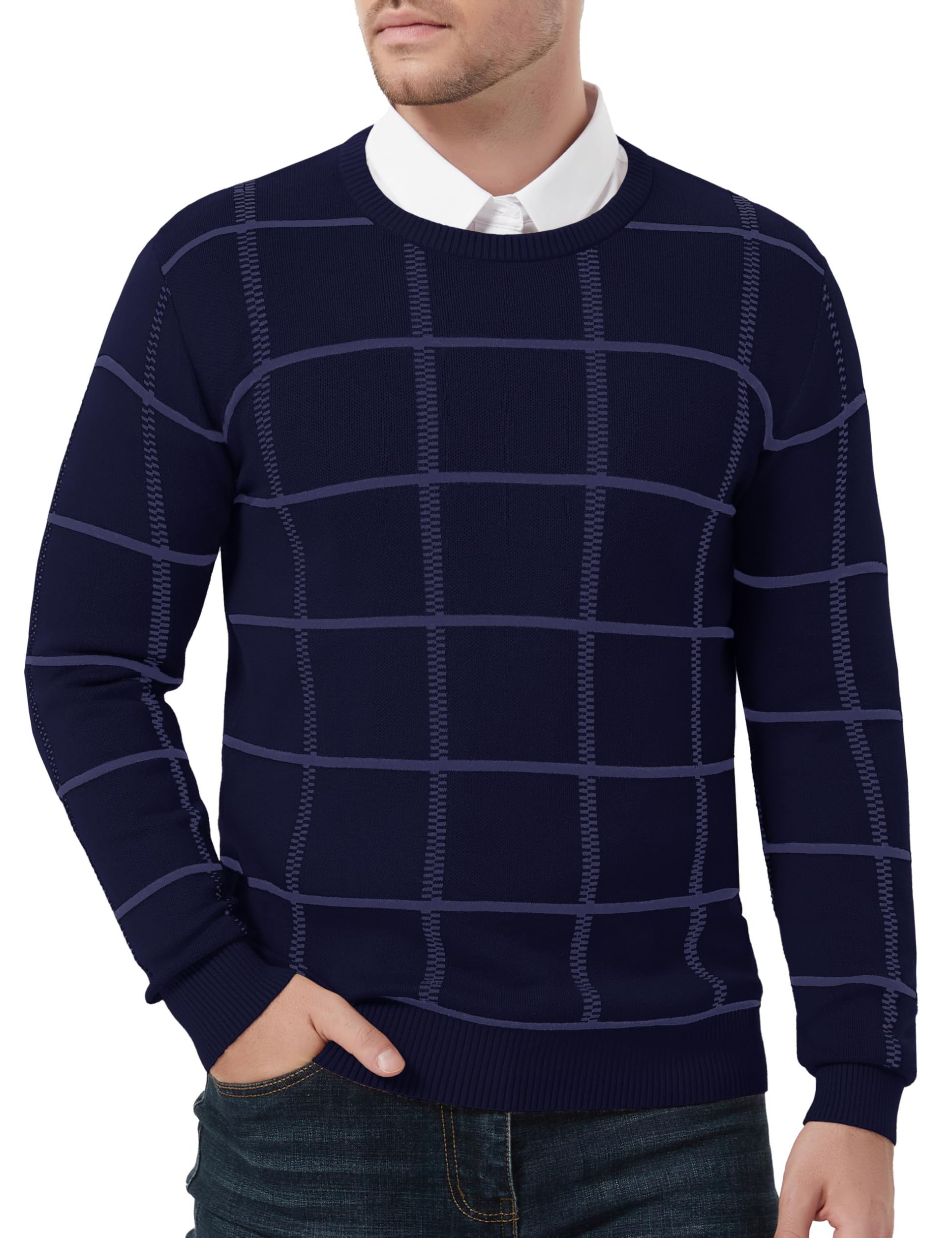 Men's Cotton Sweater Winter Pullover Crew Neck Long Sleeve Jumper - Navy Blue M