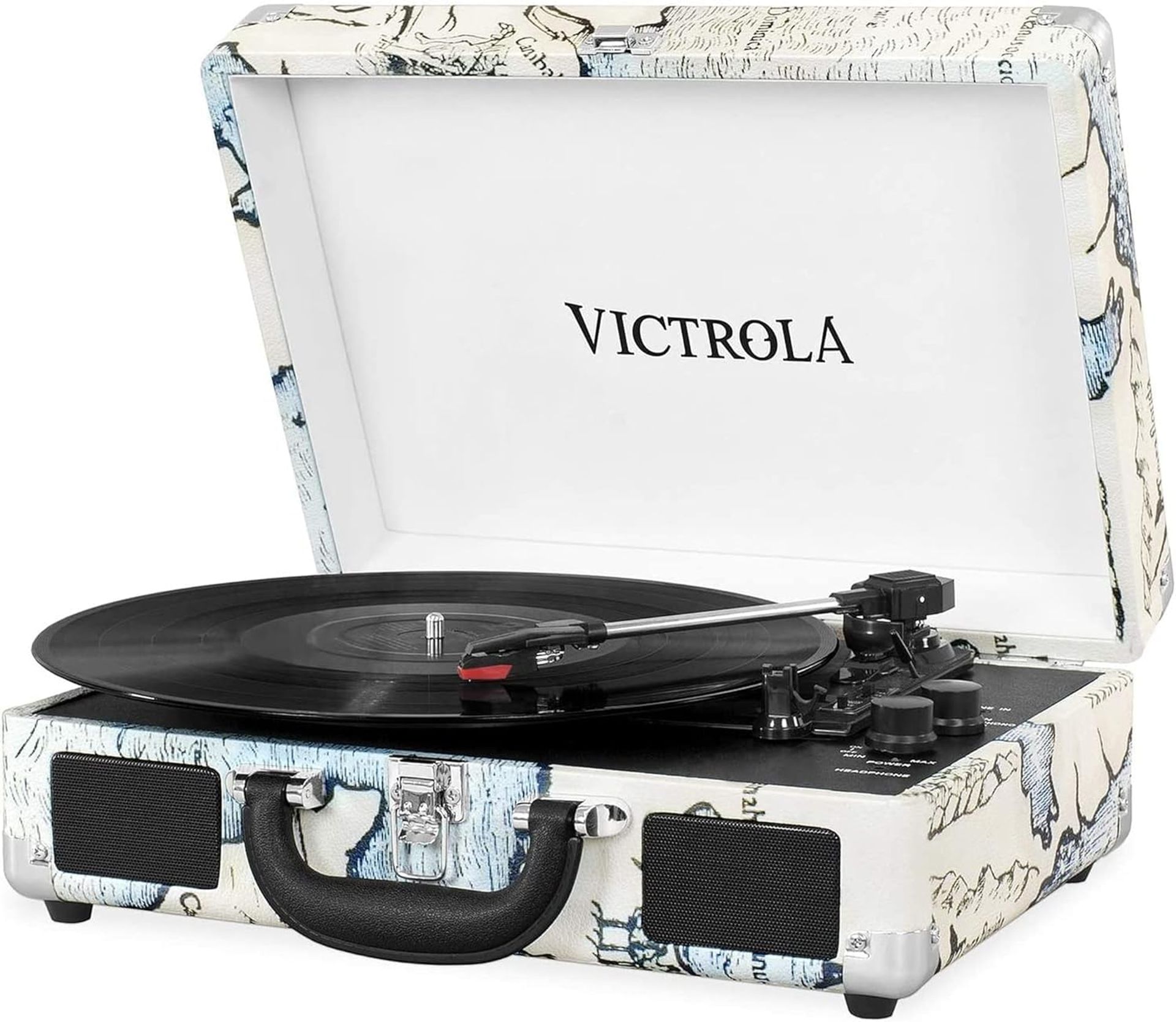 Portable Record Player Bluetooth 5.0 Turntable 3-Speed Built-in Stereo Speakers and Aux-in - Tan Map Journey