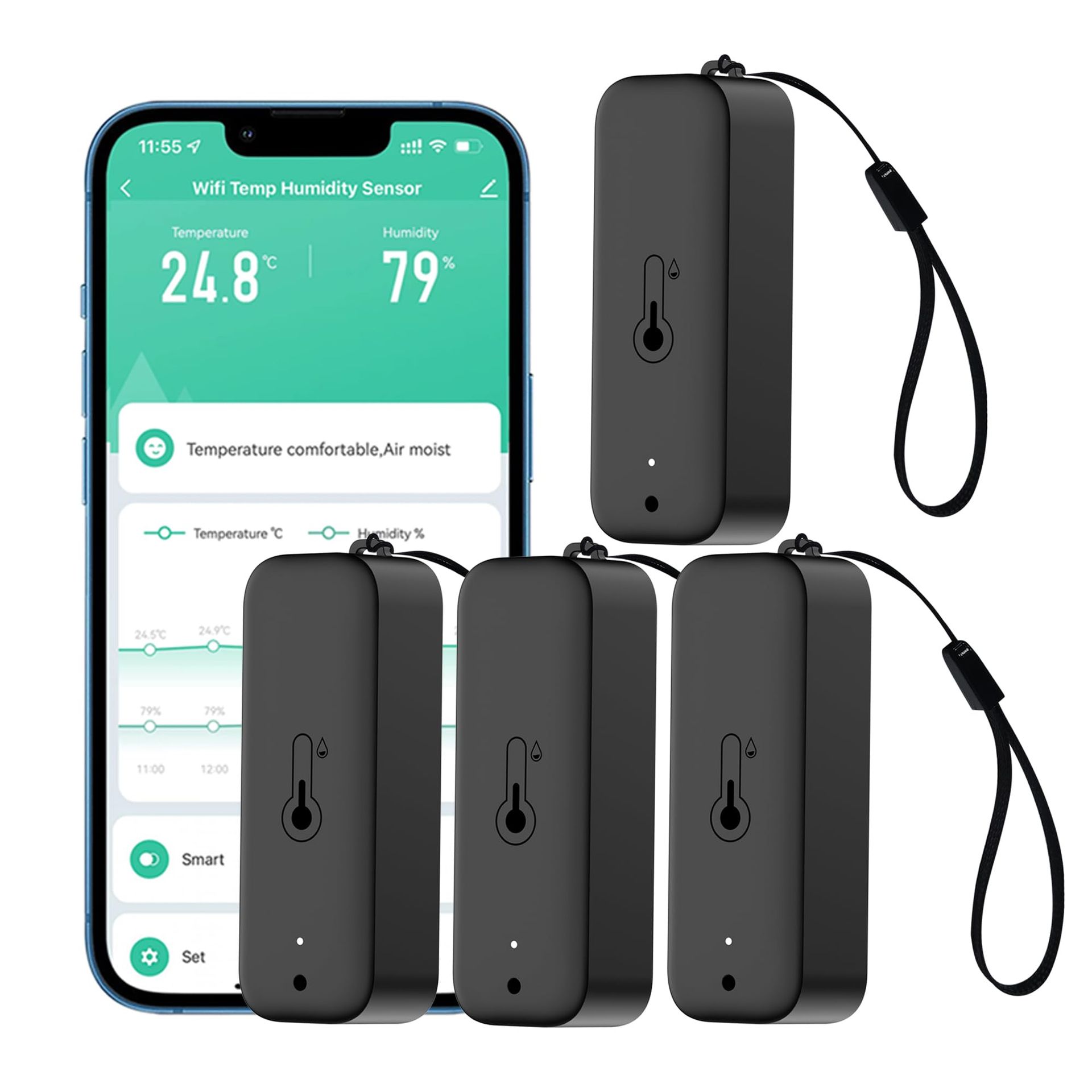 Wi-Fi Smart Thermometer Hygrometer Wireless Temperature & Humidity Sensor with App Alerts, Data Export, Alexa Compatibility - Black 4 Pack