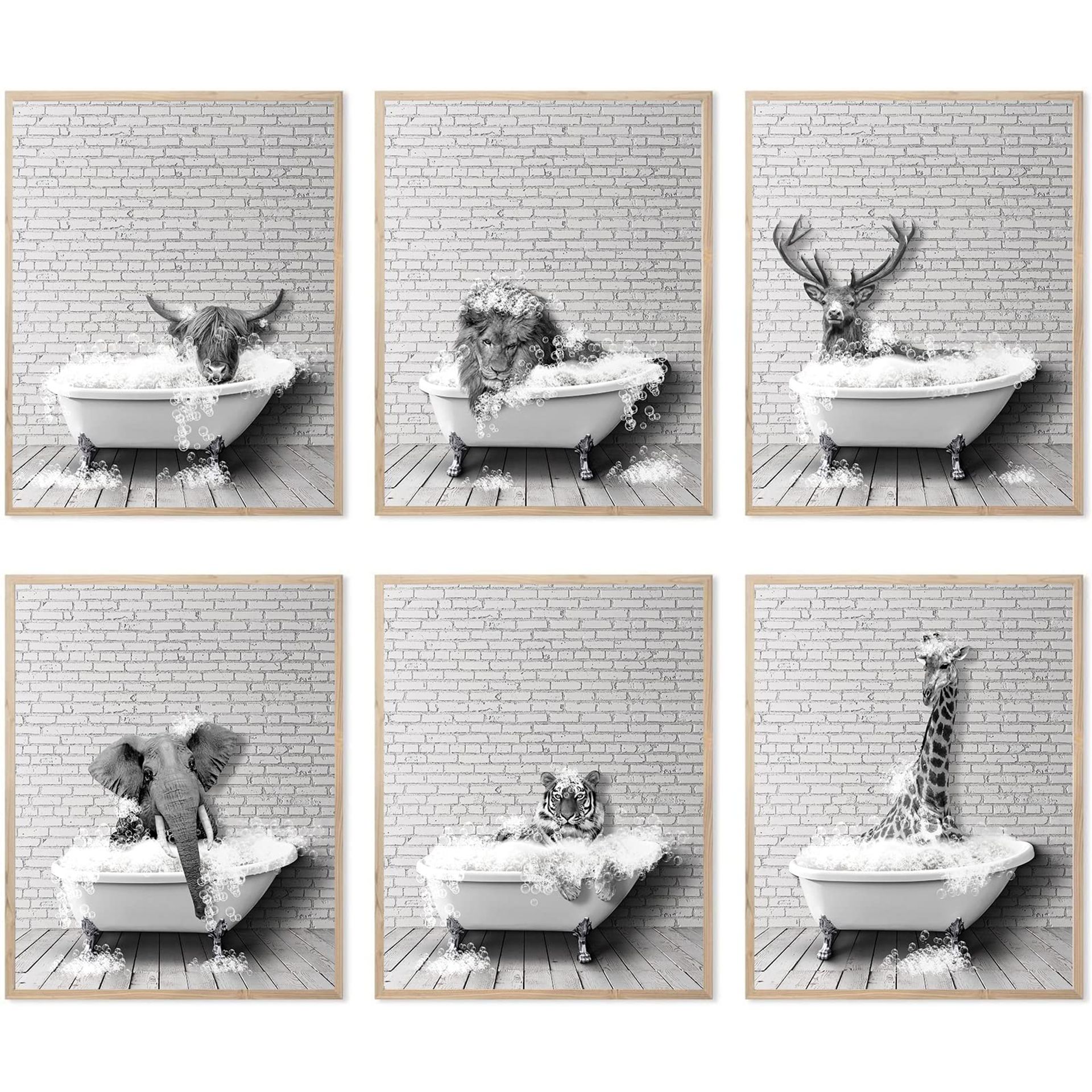 HOGEBIG Funny Animals Wall Art in Bathtub, Black and White Canvas Cow Elephant In Bathroom Picture Humor Animals Bathroom Artwork Prints Farmhouse Style Wall Decor (11"x14" UNFRAMED) - Spring Refresh