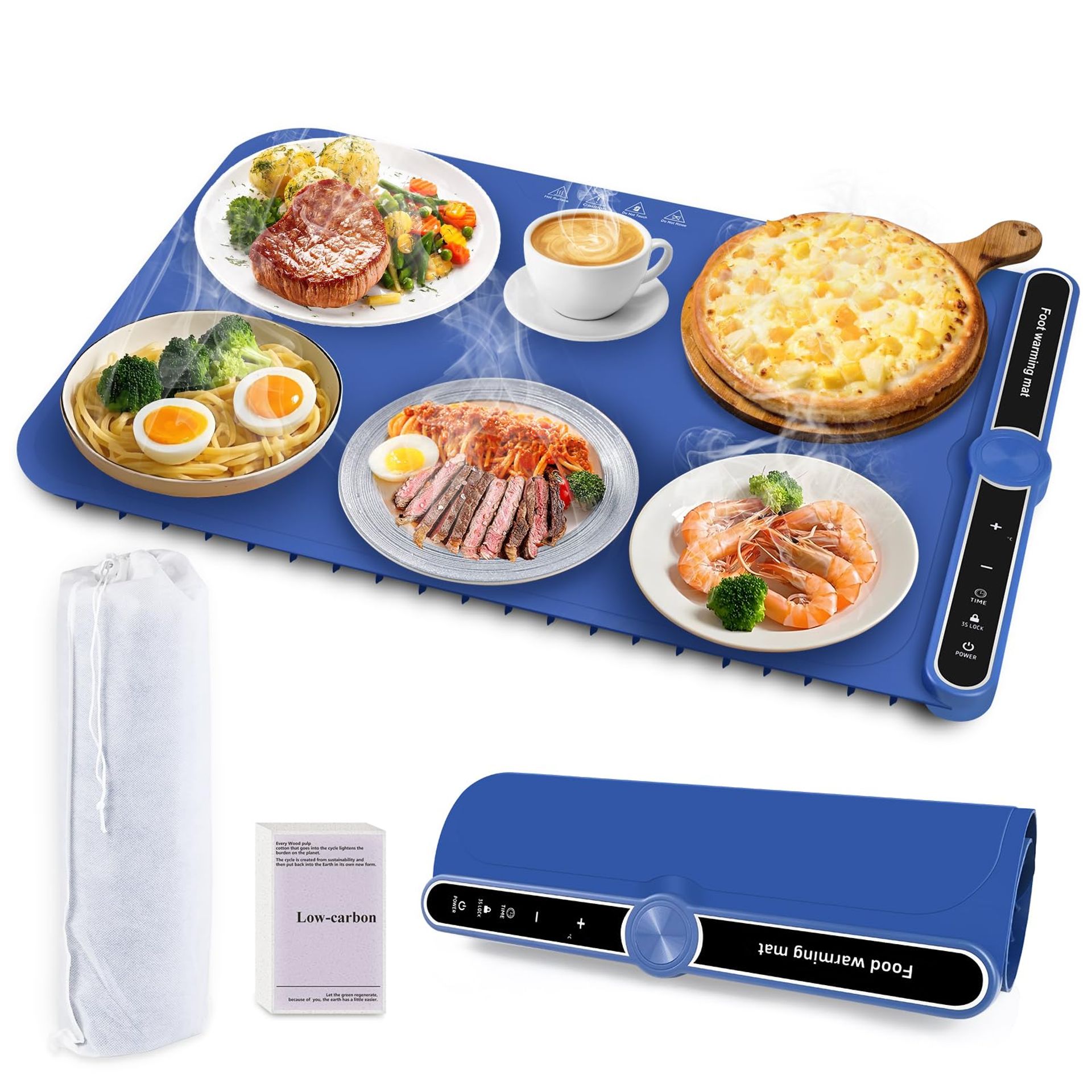 Food Warming Mat with 9 Temperature Settings & 6 Timers, Full Surface Silicone Hot Plate for Keeping Meals Warm - Blue