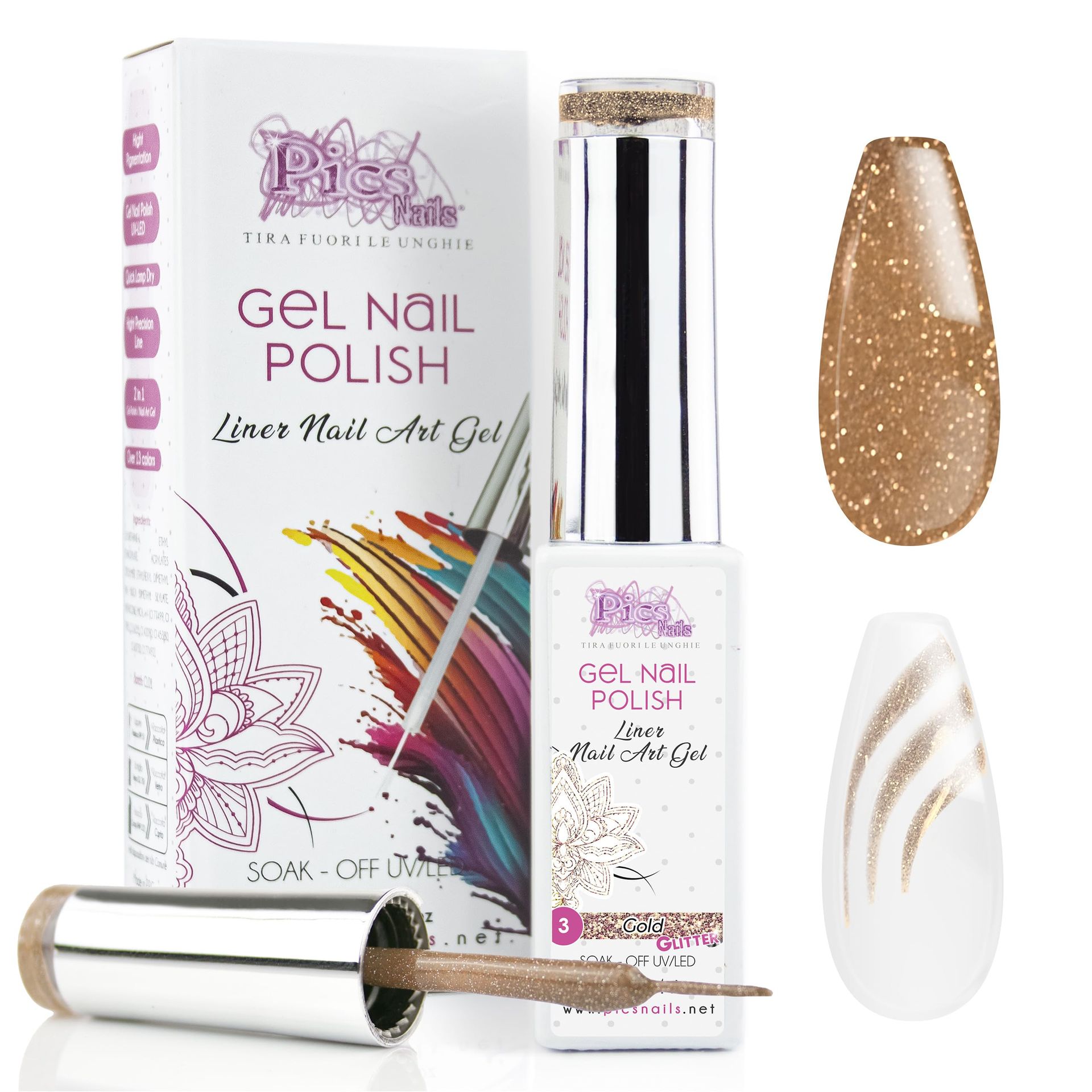 Gel Nail Polish 10ml - Gold Glitter for Nail Art & French Manicure with Precision Brush