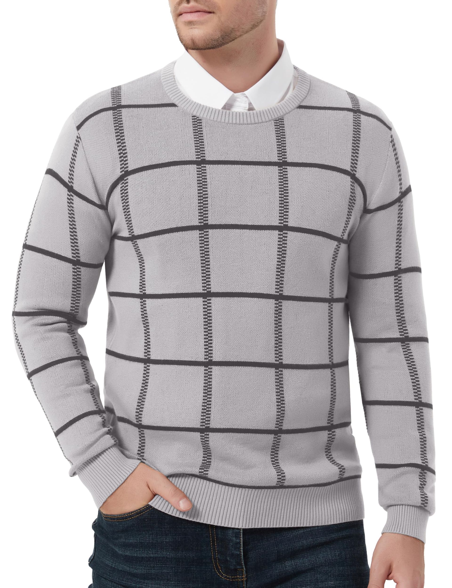 Men's Cotton Sweater Casual Crewneck Pullover Winter Jumper - Light Grey L