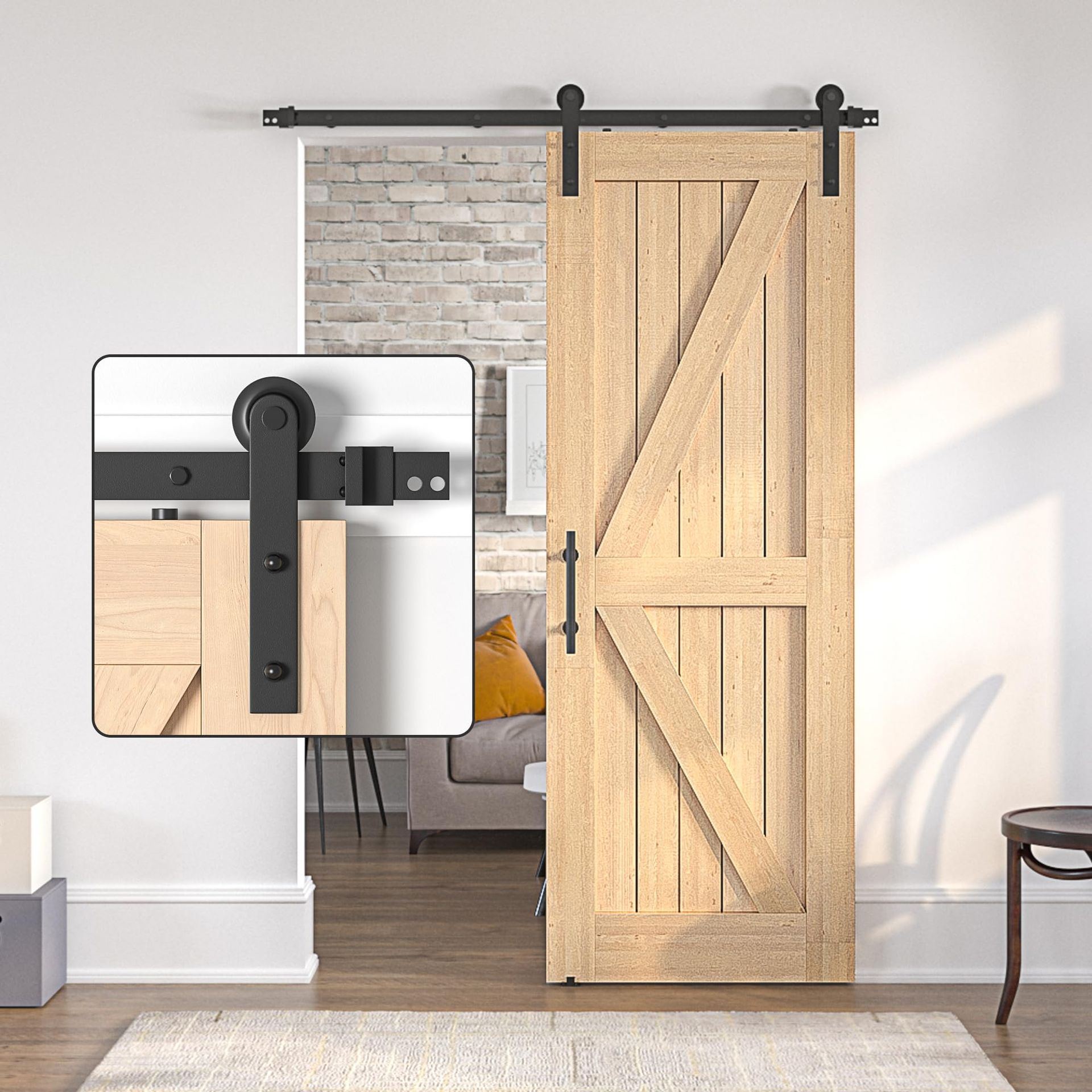 Sliding Barn Door Hardware Kit 7FT Track System for Single Wooden Door, Smooth Silent Operation, Heavy-Duty Steel Construction - Black SD1+7