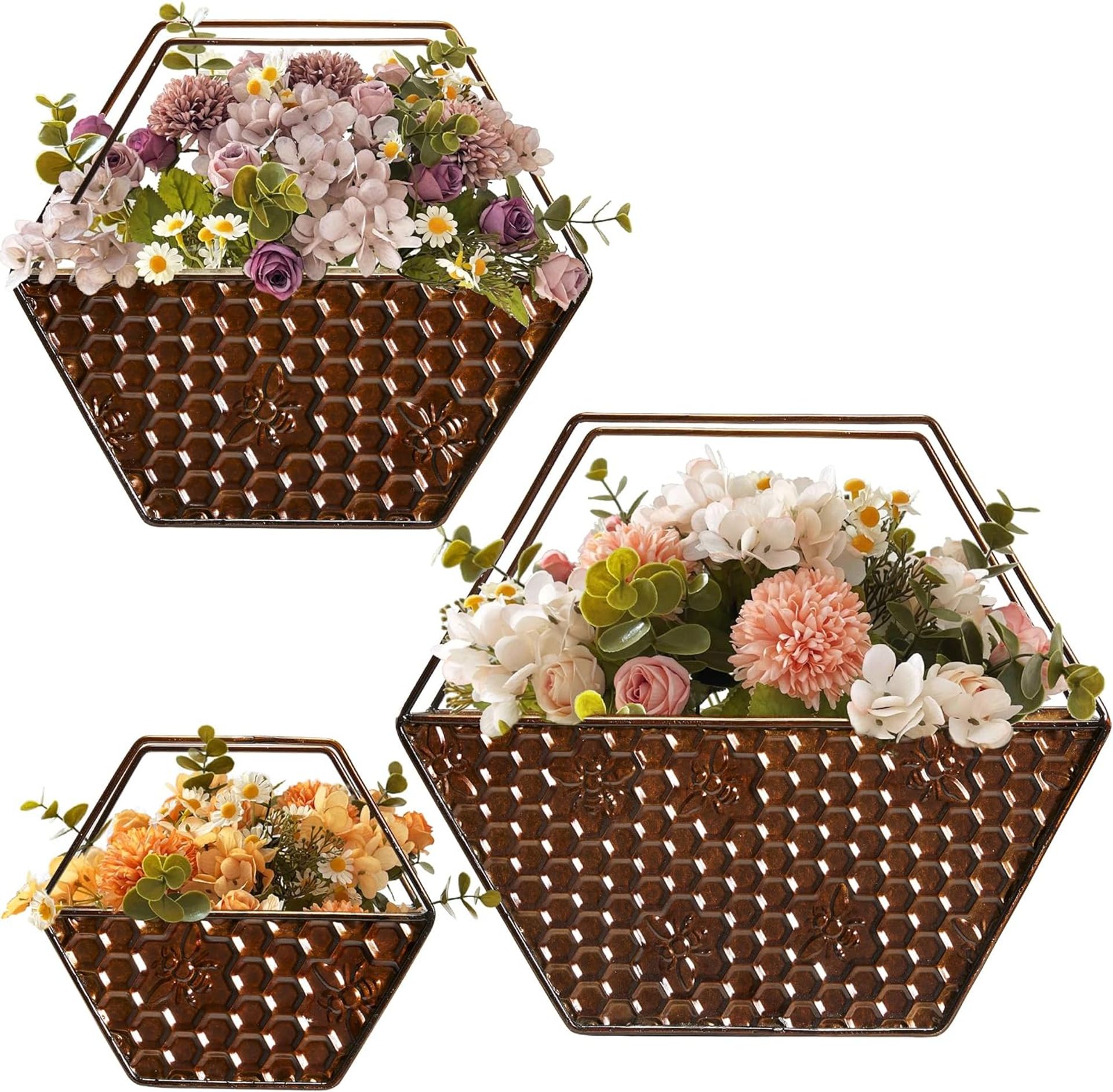 Set of 3 Wall Mounted Metal Planters with Artificial Succulents - Modern Geometric Bronze Hanging Pots for Home & Garden Décor - Valentines