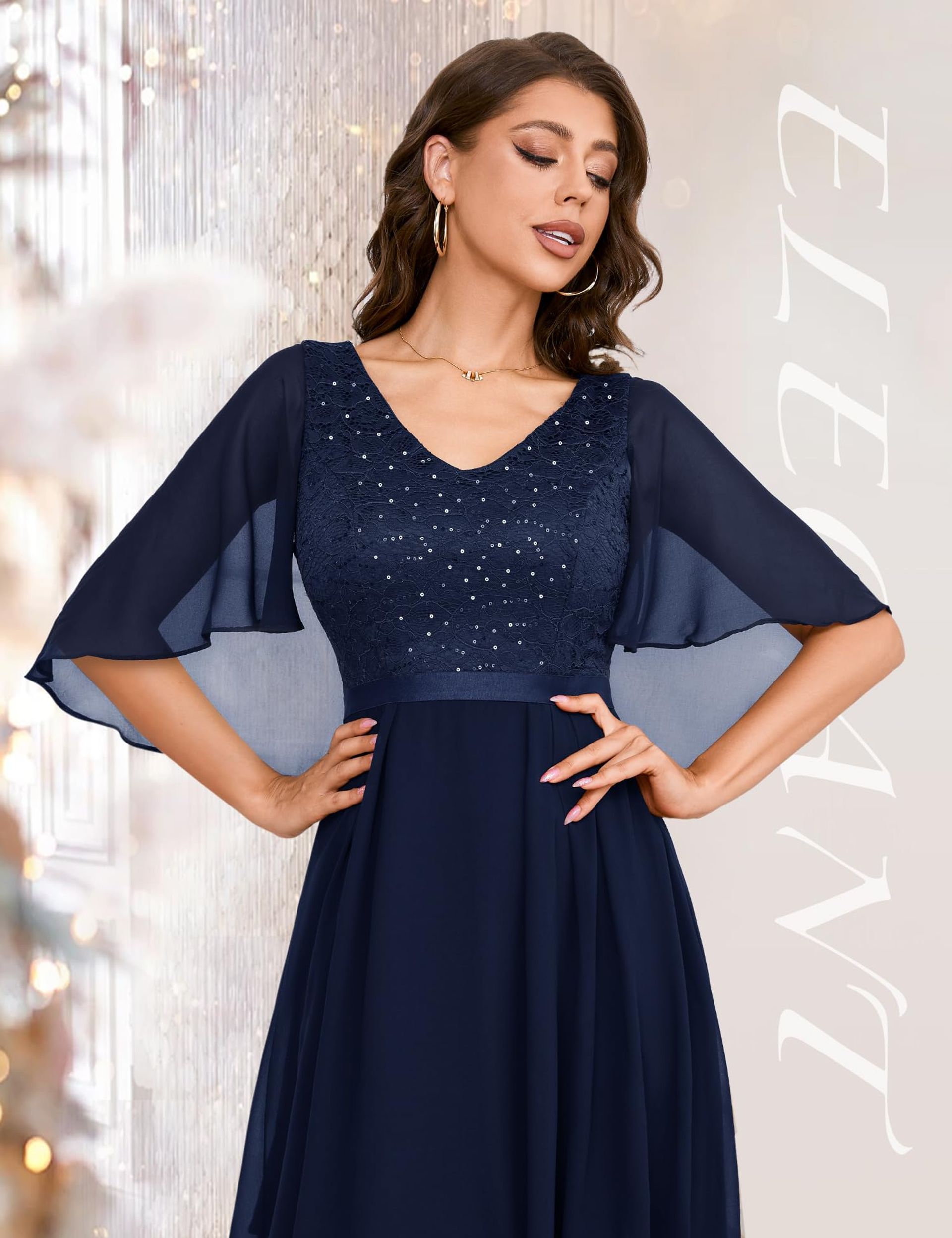 Dressystar Women Elegant Cocktail Dress V-Neck Lace Dress With Sequins Kn