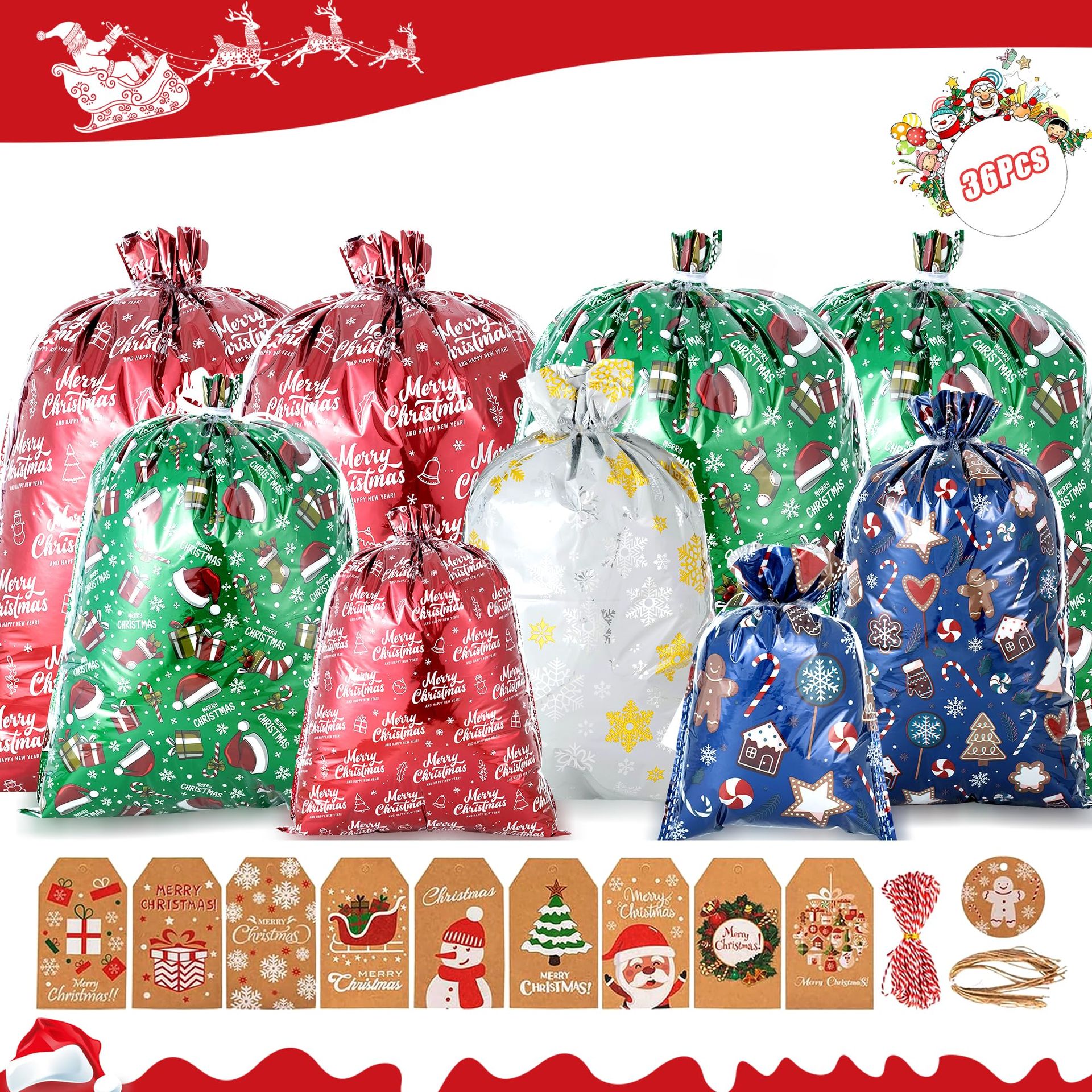 36Pcs Christmas Gift Bags with Drawstring - Assorted Designs & Sizes, Includes Tags & Ropes