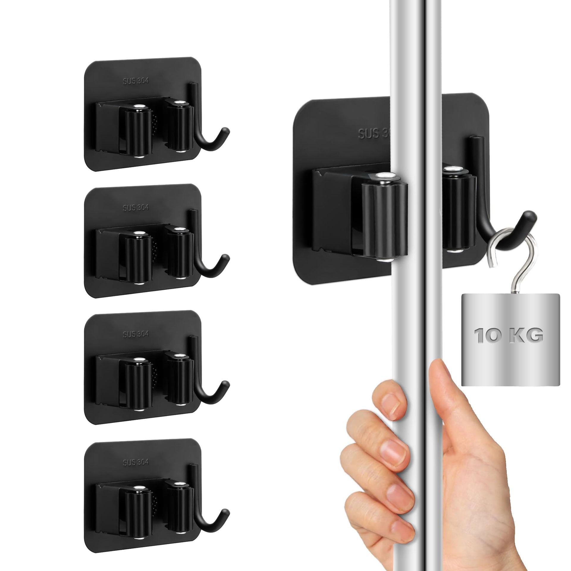 M JINGMEI Dark Grey Stainless Steel Self-Adhesive Mop & Broom Holder with Hooks - 6Pcs