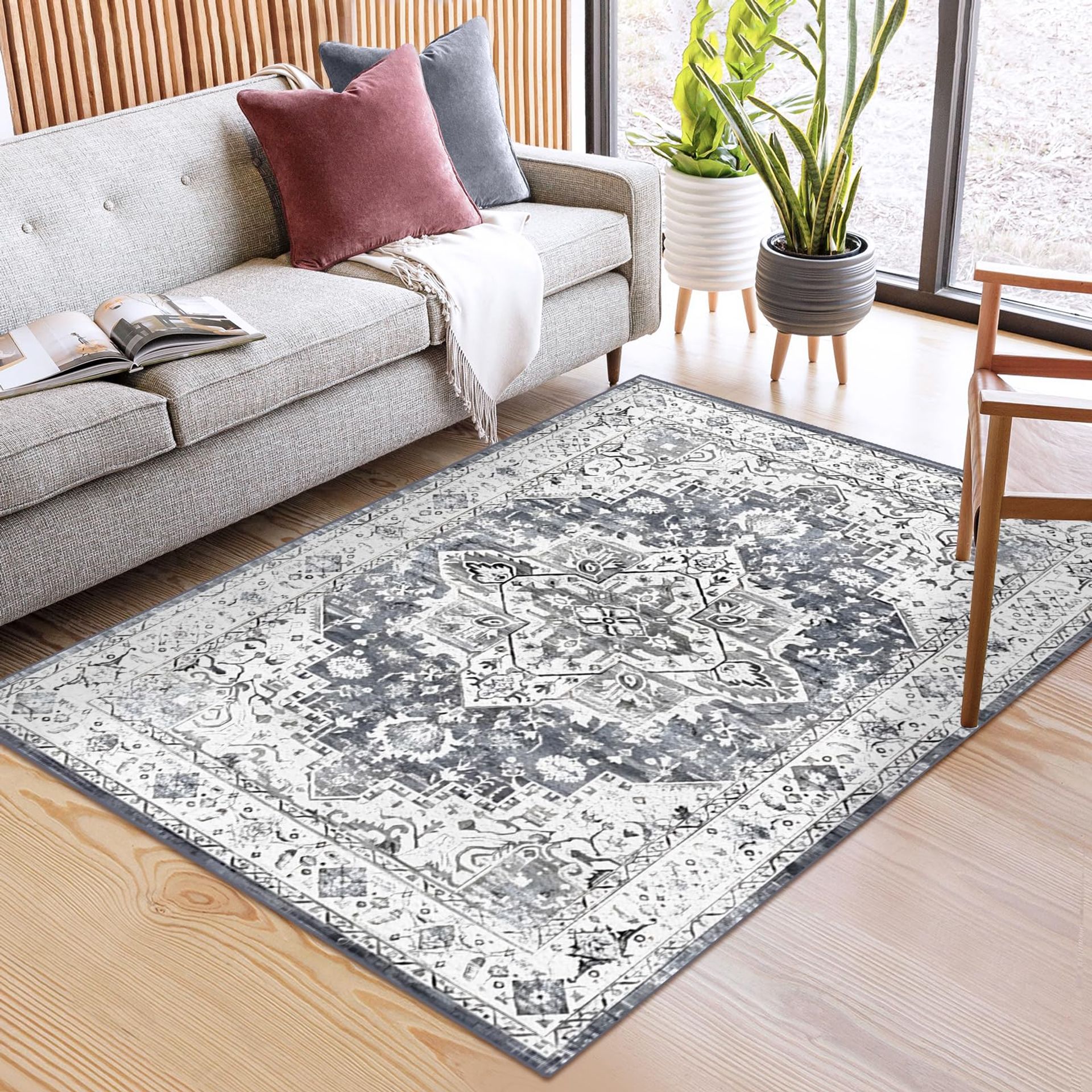 Machine Washable Moroccan Boho Rug 120x160cm - Soft Short Pile Grey Area
