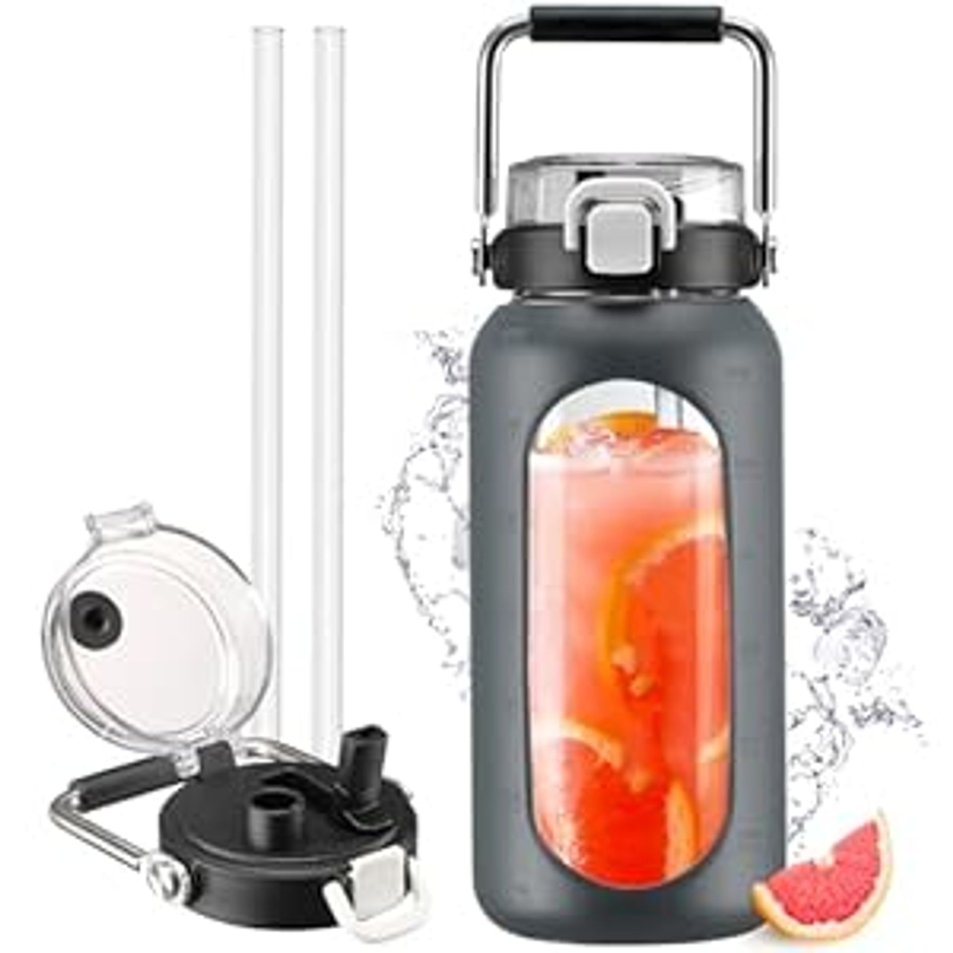 2L Glass Water Bottle with Straw & Time Marker - Leak-Proof Motivational Jug with Silicone Sleeve, Wide Mouth & Spout Lid