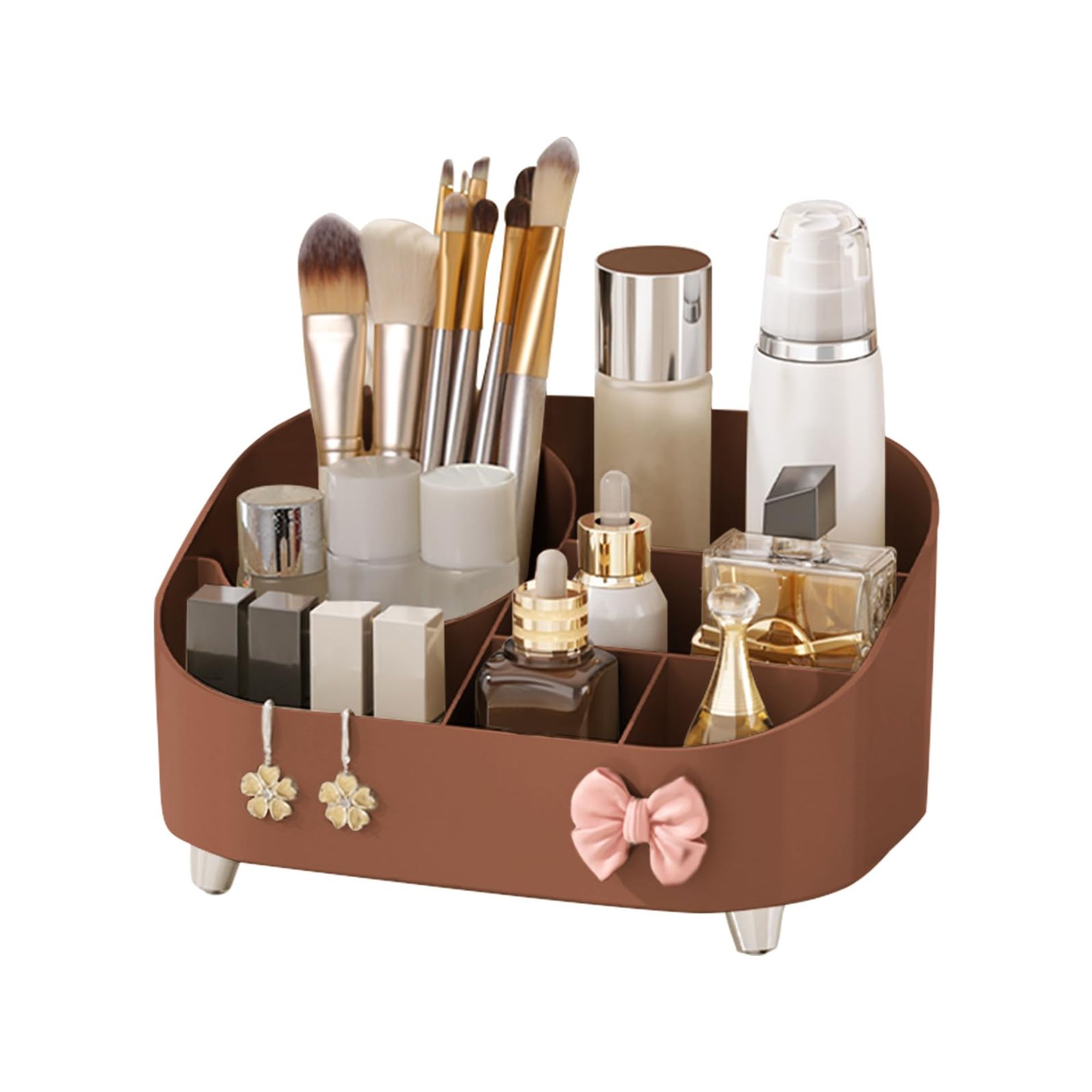 Makeup Organiser with Brush Holder Large Capacity Vanity Storage Box for Cosmetics, Skincare and Accessories - Brown