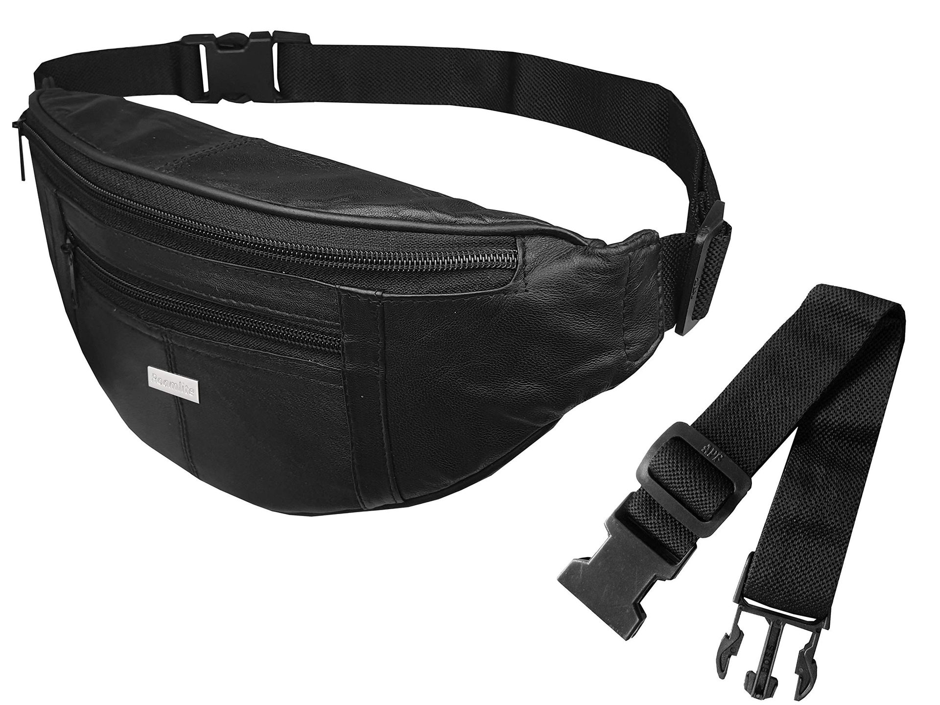 Roamlite Leather Bumbag with Adjustable Waist Extension Belt for Mobility and Travel - Black X-Large