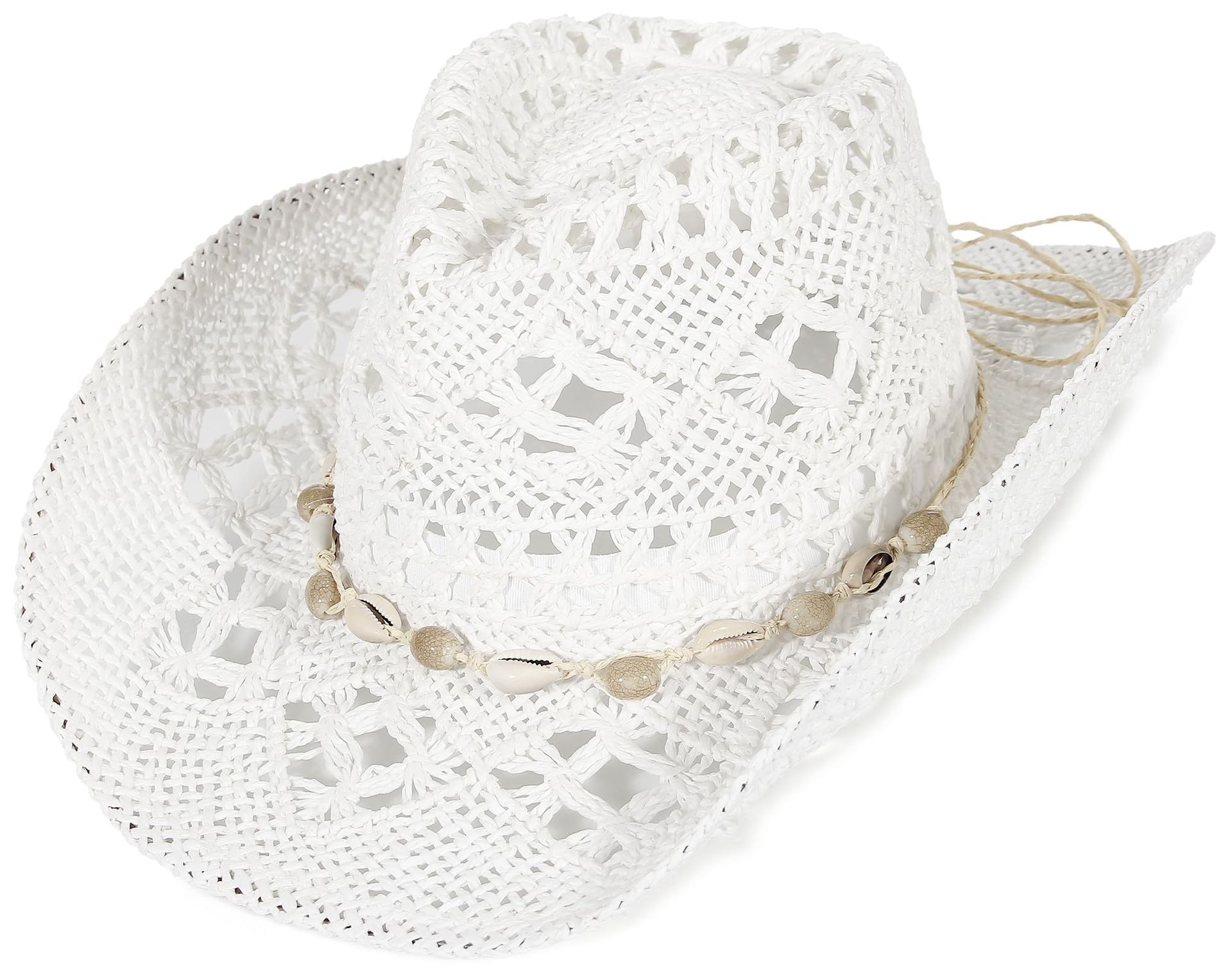 Unisex Summer Cowboy Hat Straw Hollow Out Roll Up Brim Beach Style - White-Blue Band 7-7 1/4