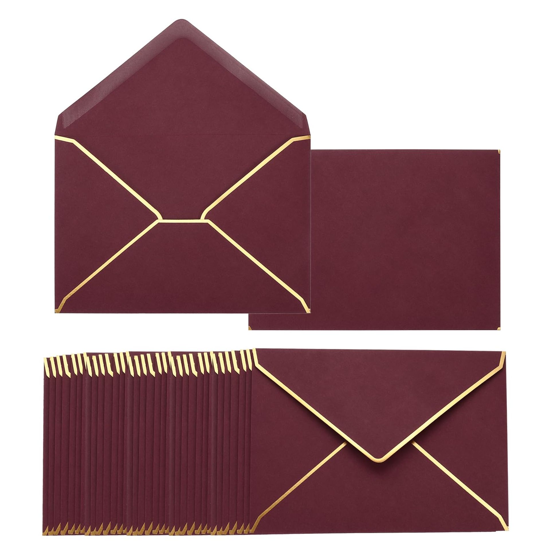 200 Pack 5x7 Envelopes with Gold Border for Invitations, Greeting Cards & Photos - Burgundy V Flap Self-Adhesive