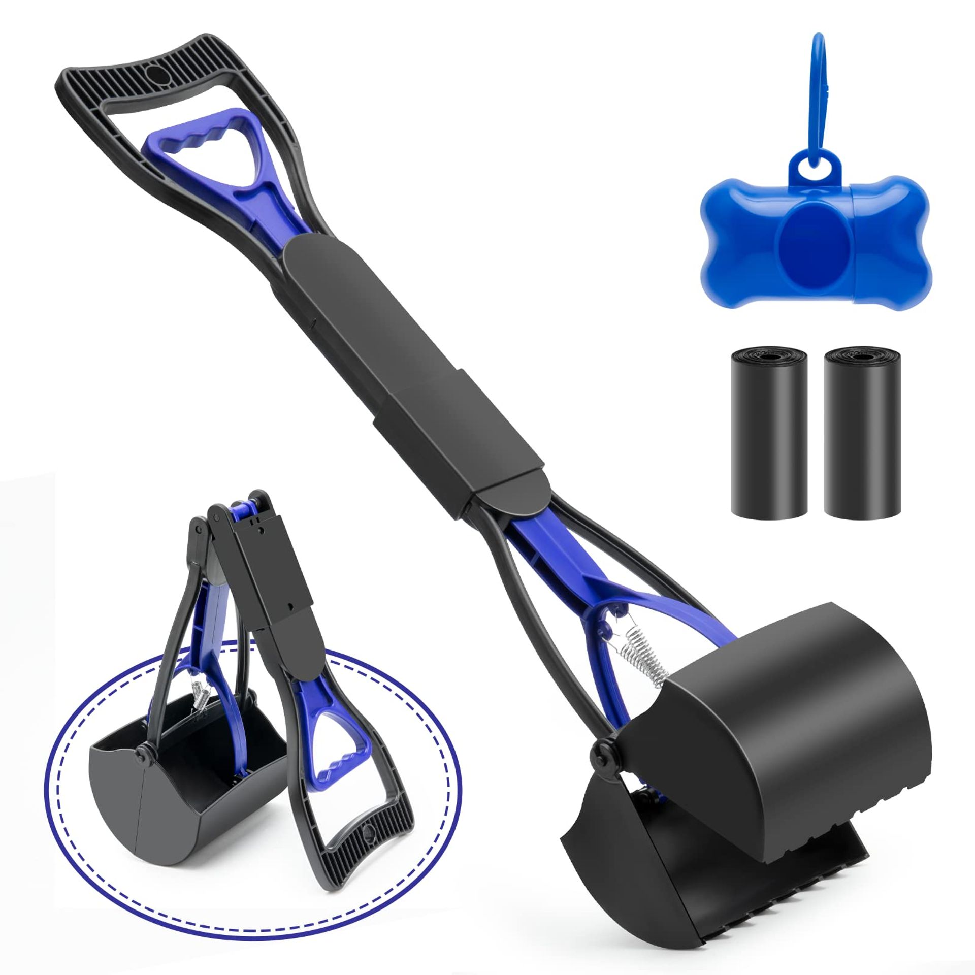 Pet Pooper Scooper with Long Handle Durable Spring Foldable Portable Design - Blue 80cm