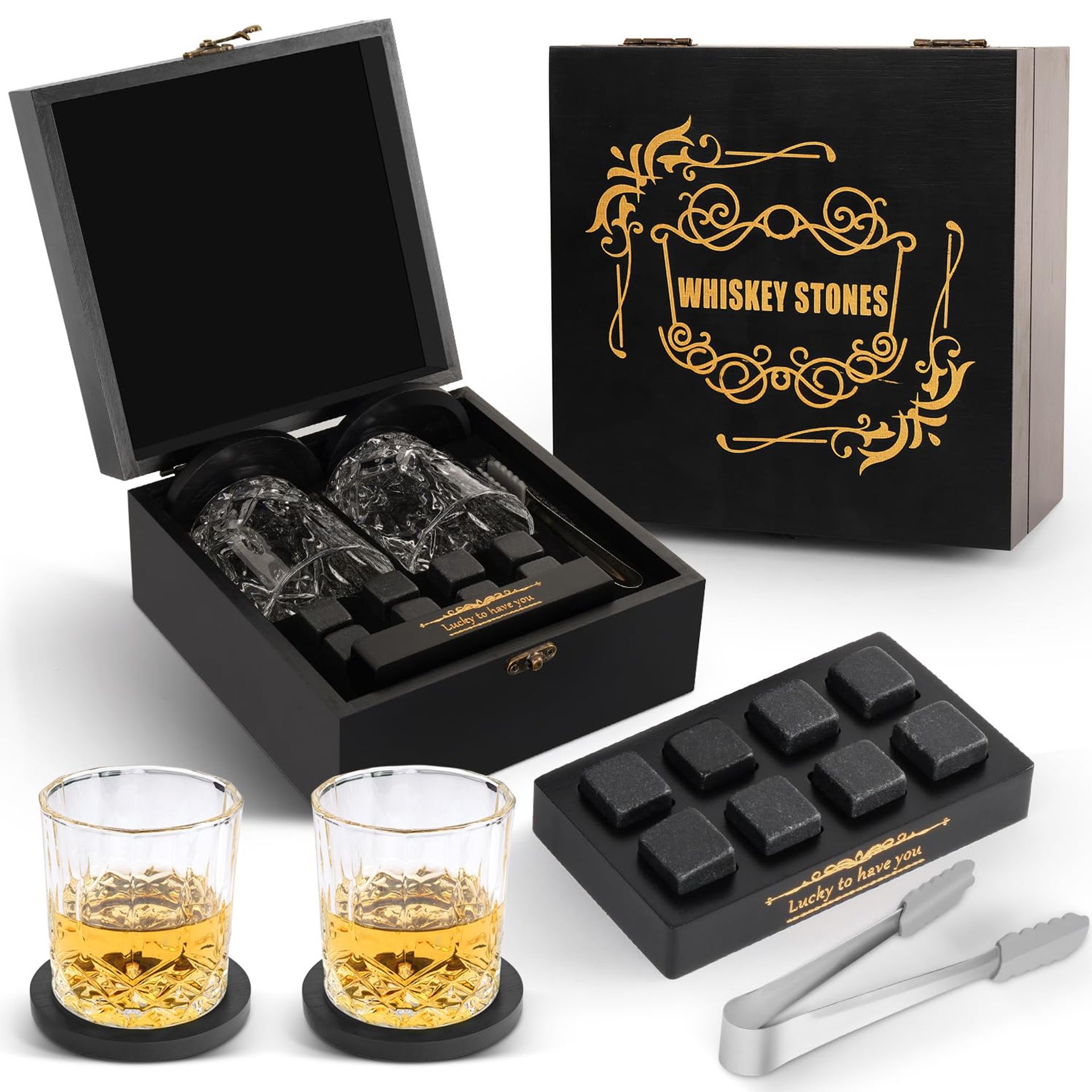 Whiskey Stones and Glass Gift Set with Handmade Wooden Box, 2 Glasses, Reusable Chilling Rocks for Whisky Without Dilution - Black JSTZ