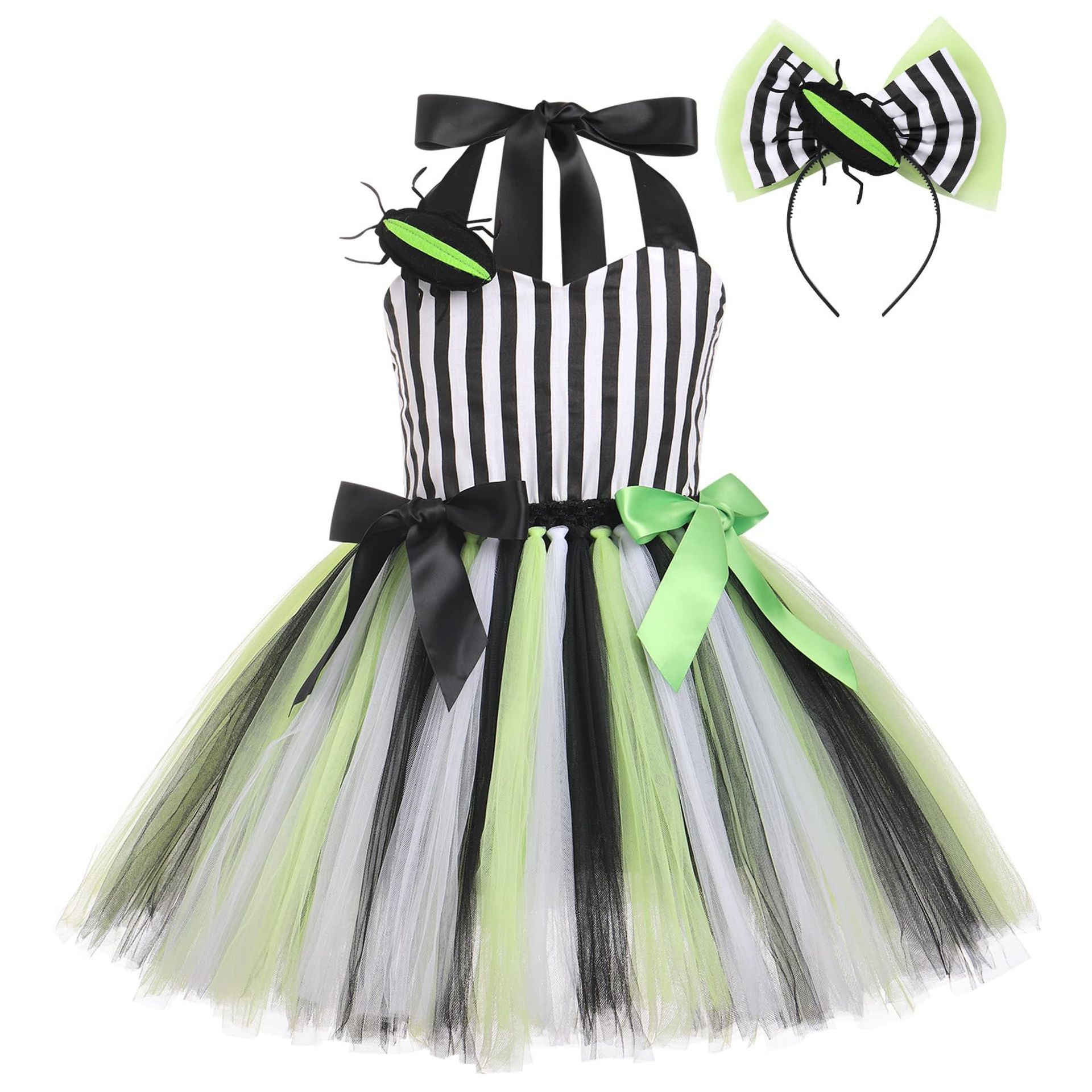 Kids Beetle Costume Black and White Striped Tutu Dress Halloween Fancy Dress Outfit - Green 4-5 Years