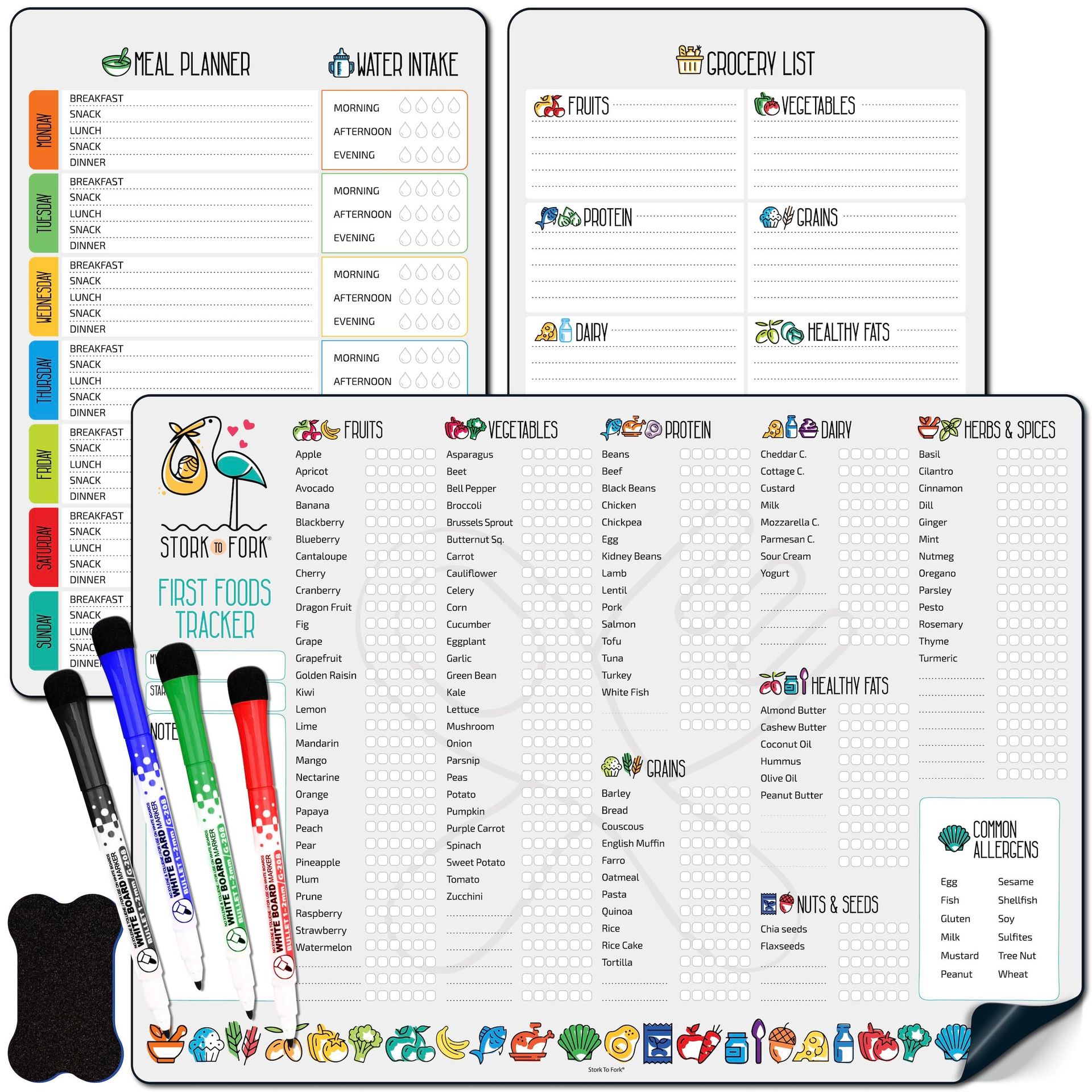 Baby First Food Tracker Magnetic Meal Planner & Grocery List Chart 3-in-1 Dry Erase Fridge Board Strong Stickiness - Grey A4 & A5