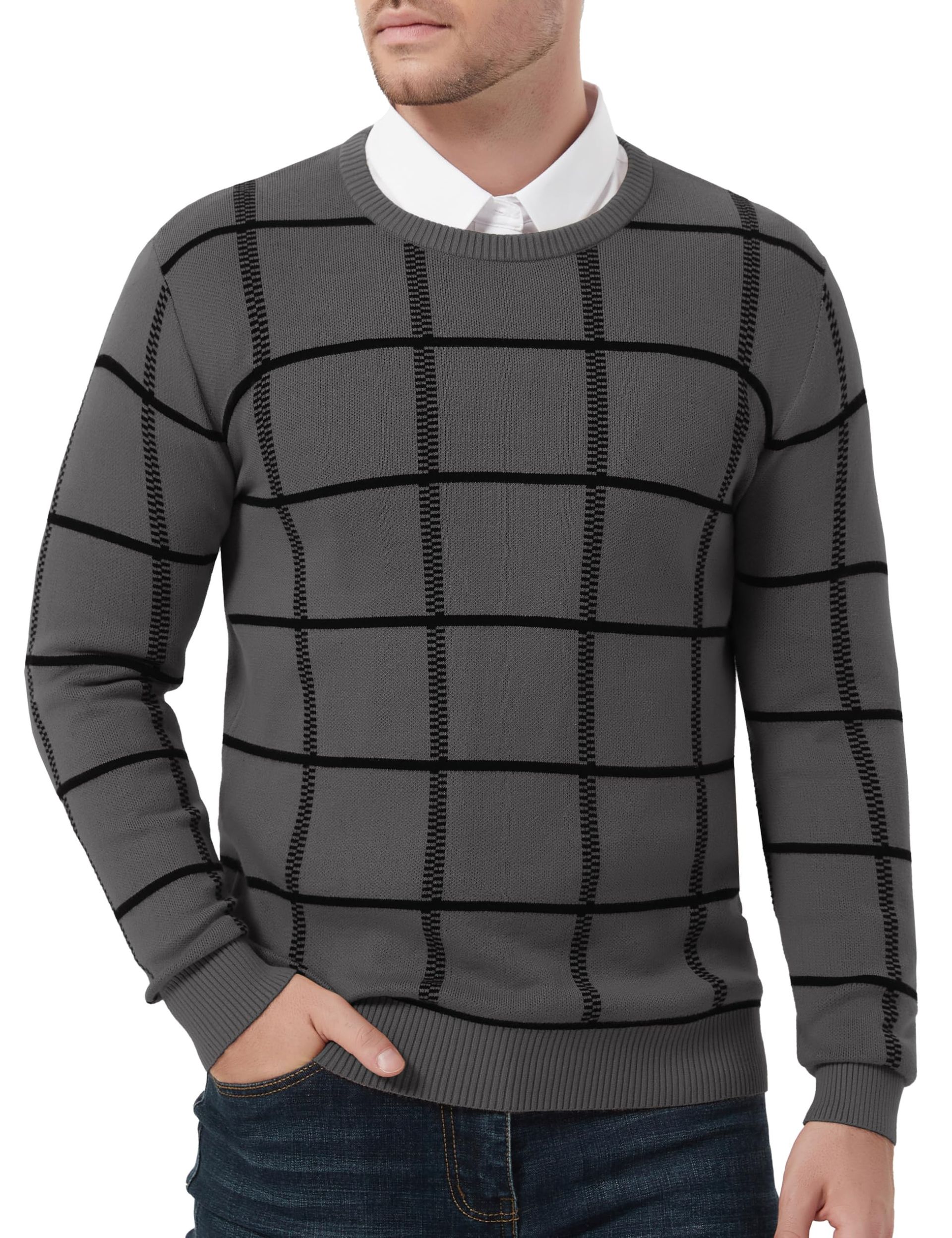 Men's Winter Knitted Jumper Warm Cotton Pullover Round Neck Casual Sweater - Dark Grey M