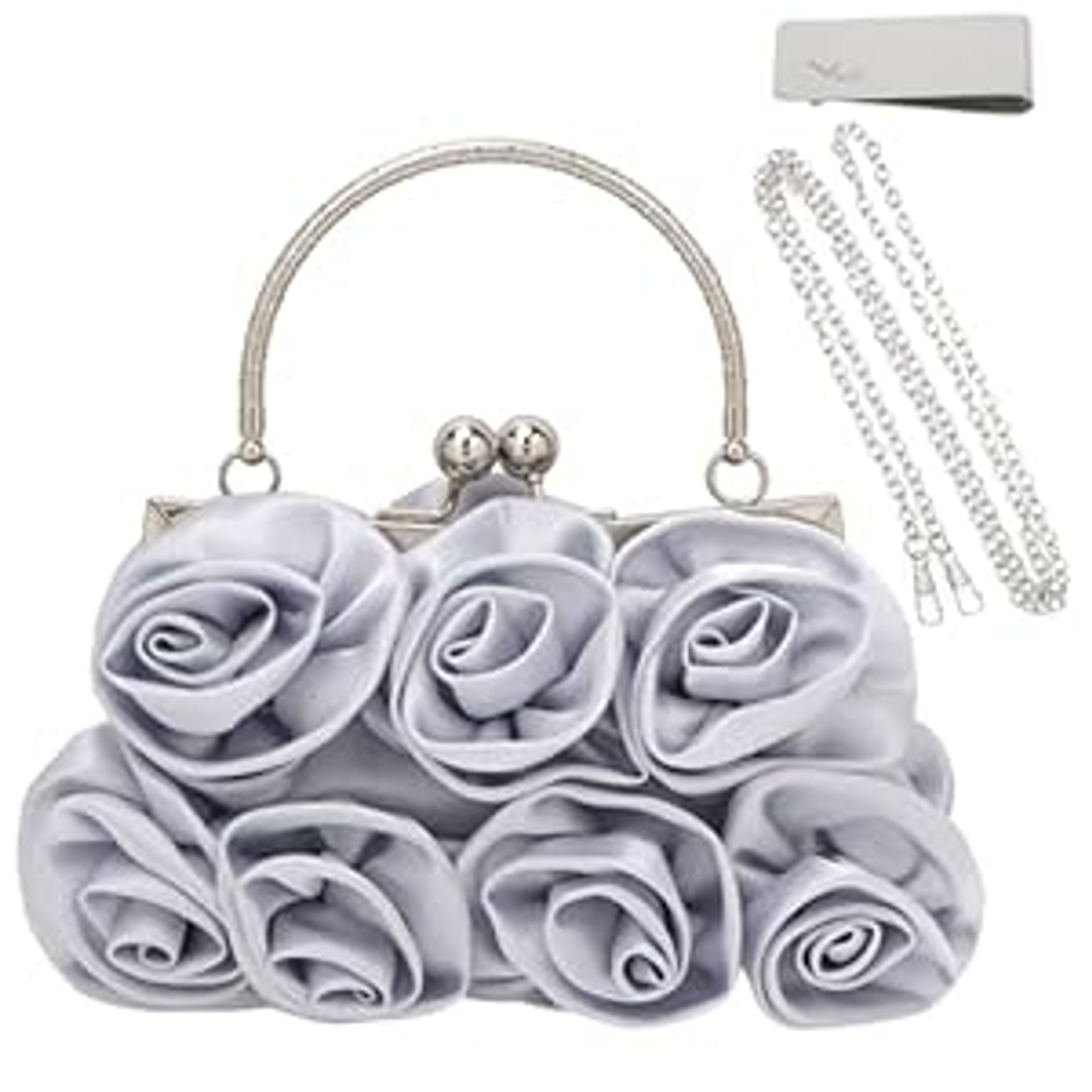 Women's Satin 7 Roses Clutch Purse with Clasp Closure and Strap - Silver One Size