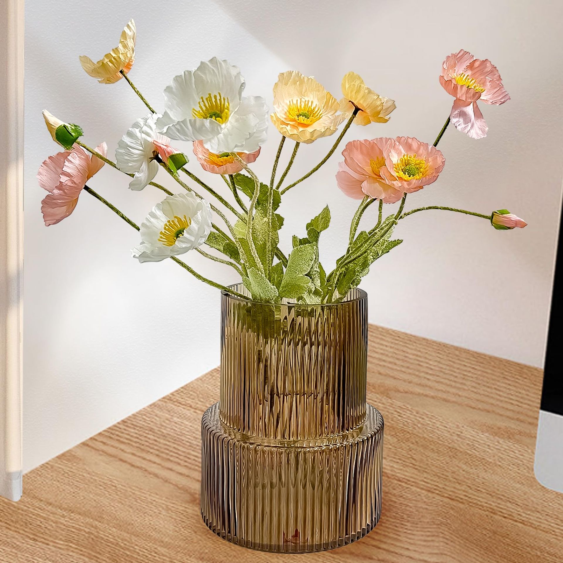 Aoderun Amber Ribbed Glass Vase - Modern Large Vase For Lego