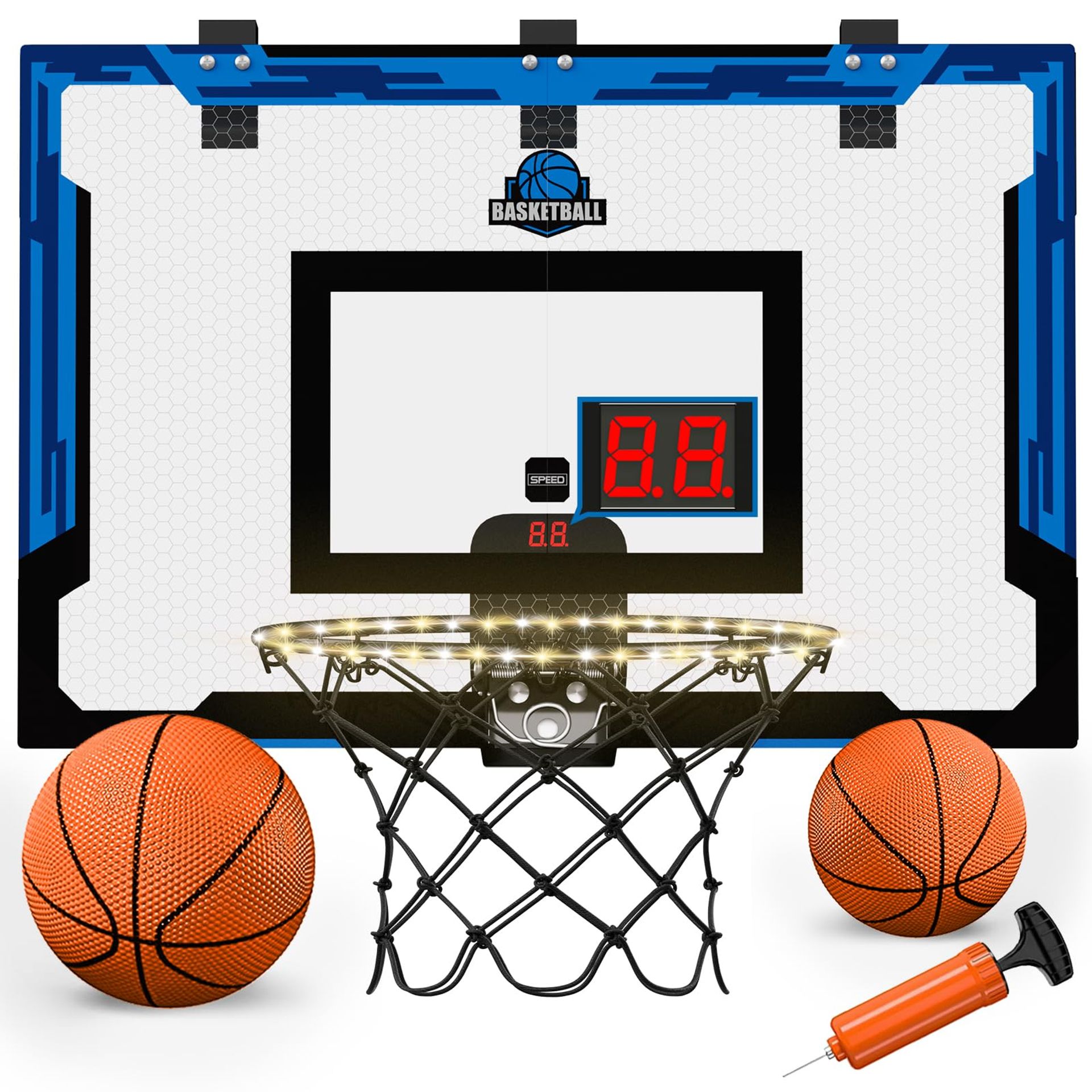 Over Door Basketball Hoop with LED Scoreboard Lighting Indoor Play Set for Kids and Adults - Blue 24x16in