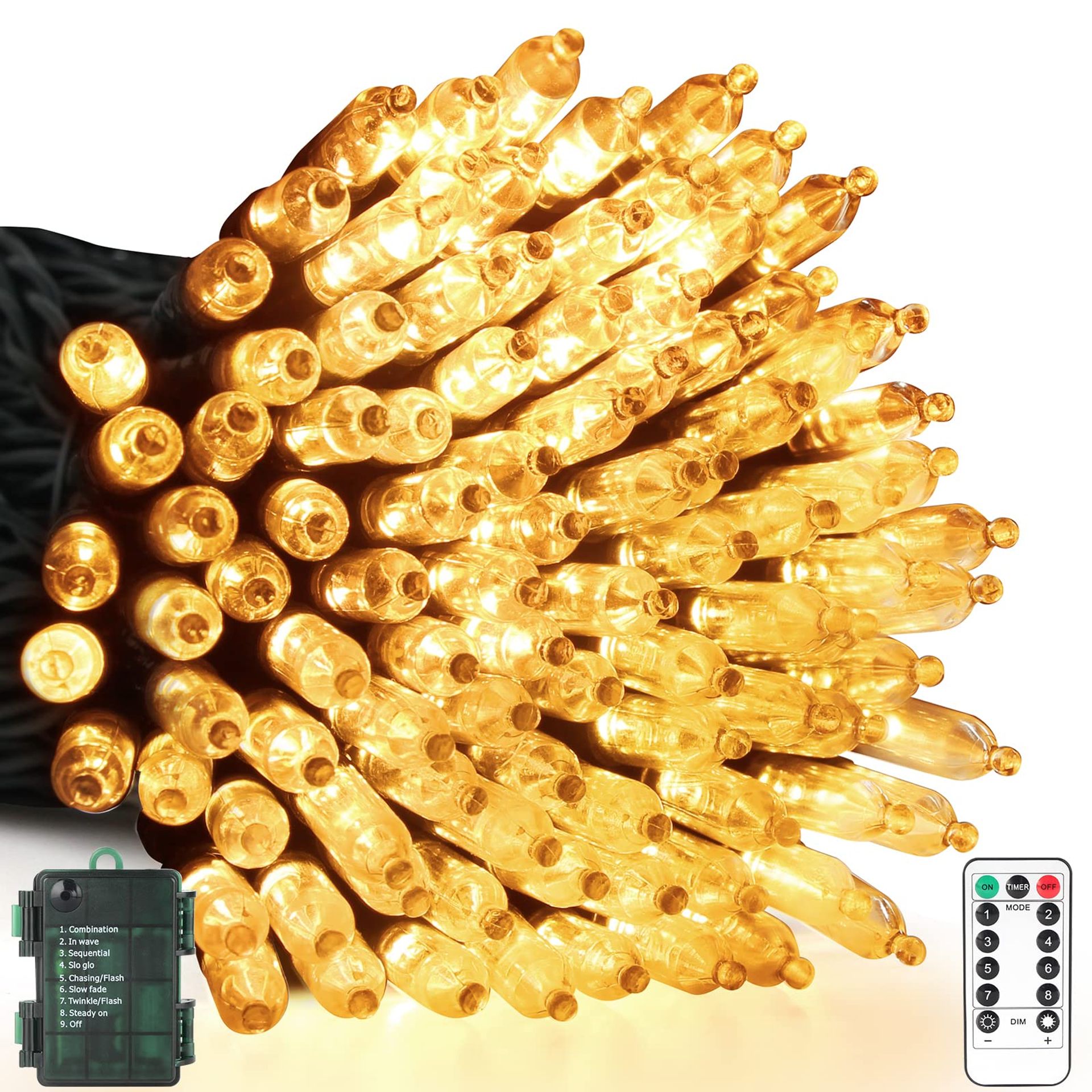 WUJUN Christmas Lights 33ft 100 LED Battery Powered String Lights with Timer&Memory Function 8 Modes,USB Waterproof String Light for Christmas Indoor Outdoor Party Decoration (Warm White)