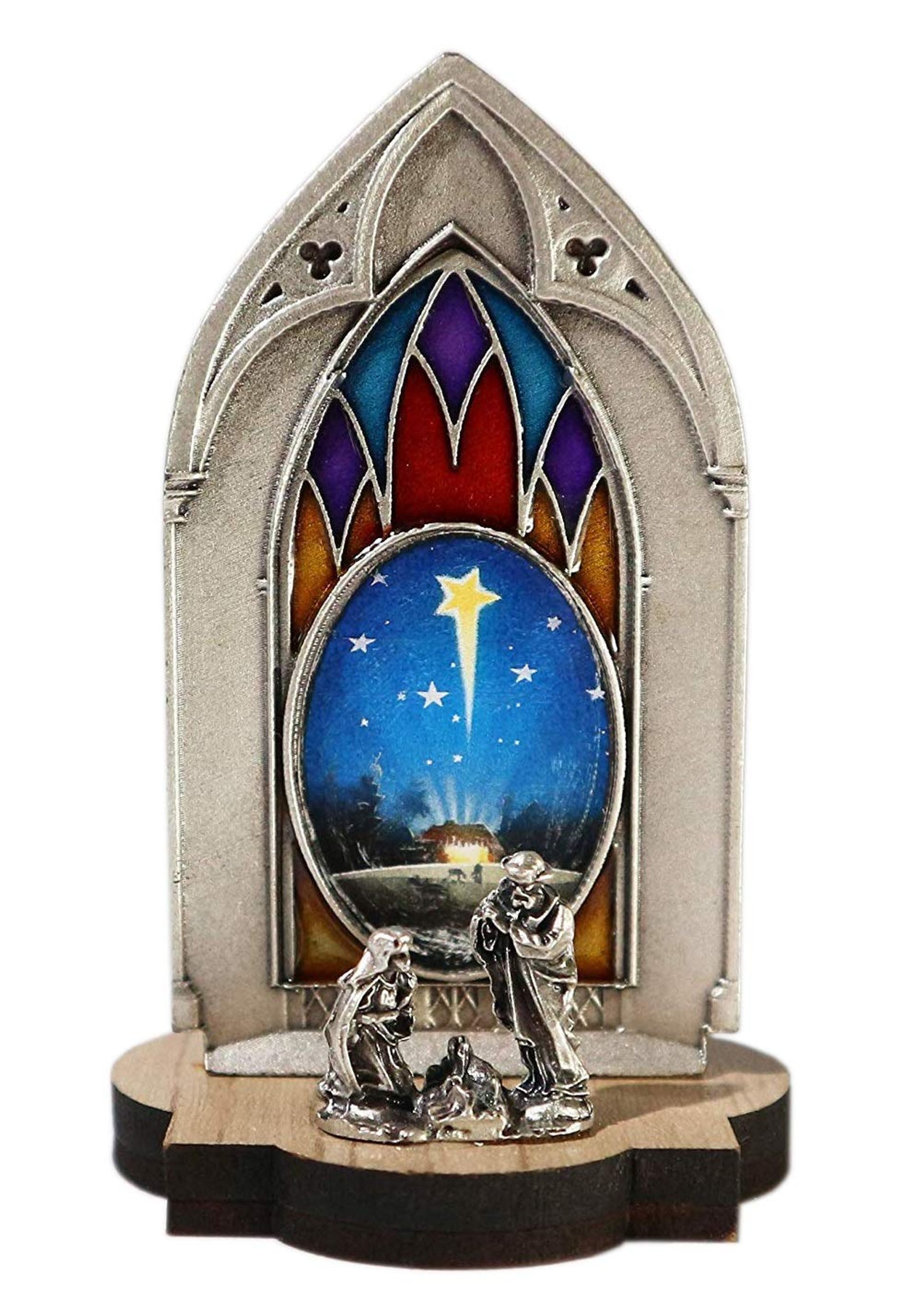 Collectors Gothic Nativity Set Silver-Plated Miniature Scene with Wooden Base - Blue Red Silver E-20-S