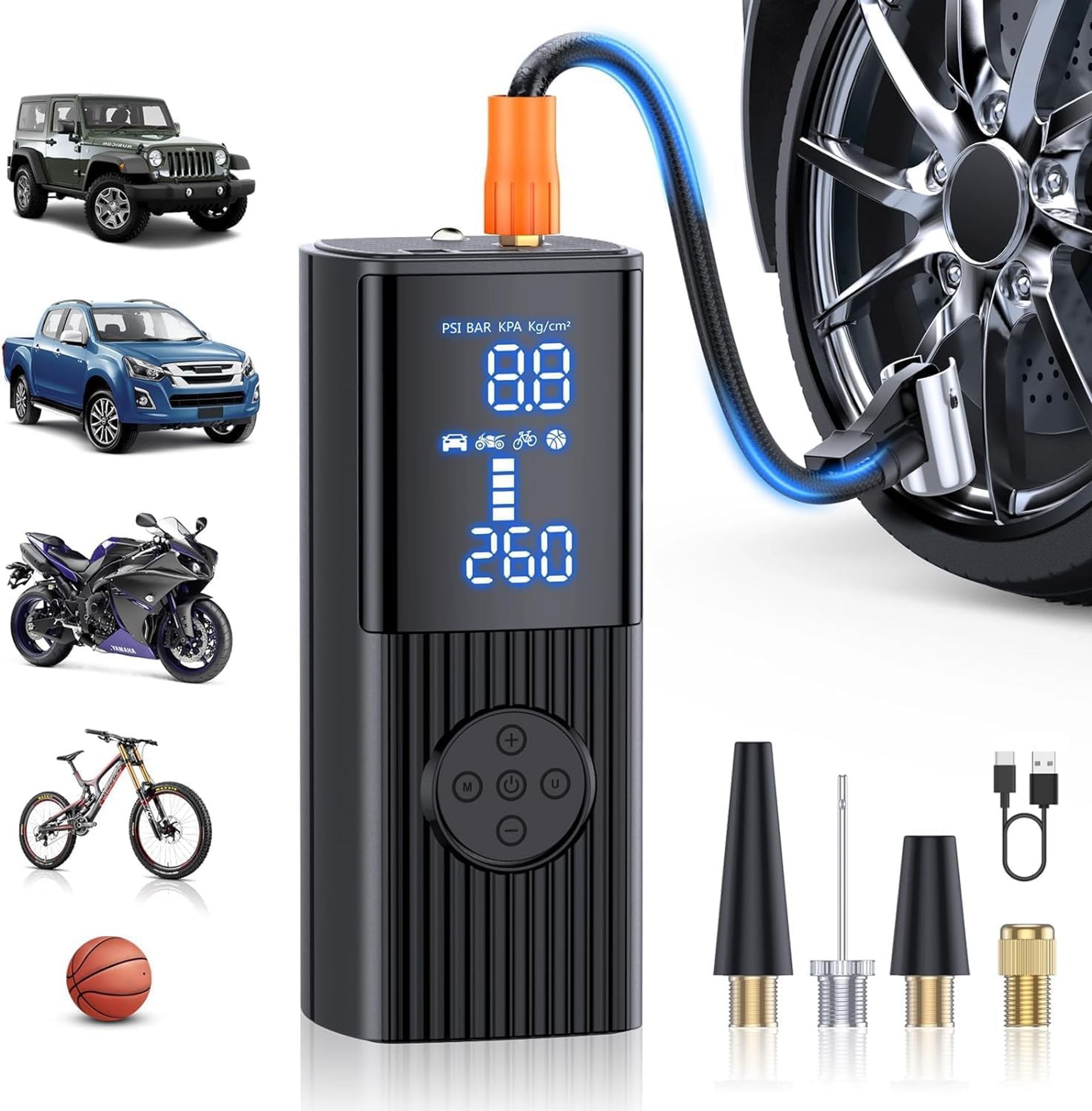 Cordless Tyre Inflator 8000mAh Rechargeable Air Compressor 180 PSI with Dual Digital Display, LED Light and Pressure Gauge - Black JF0711