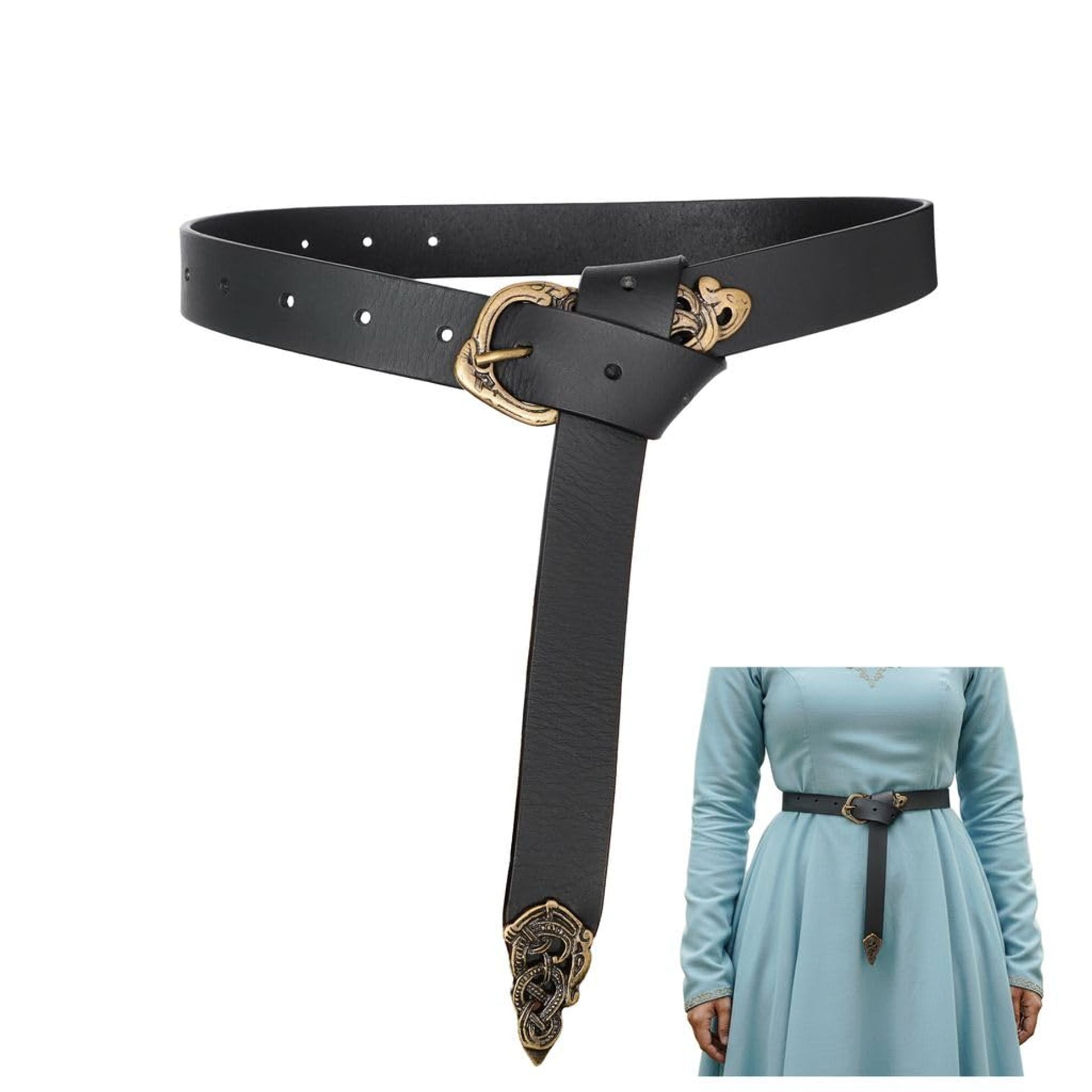 Medieval Leather Belt Authentic Renaissance Style with Brass Buckle & End Chape - Black 50 Inches