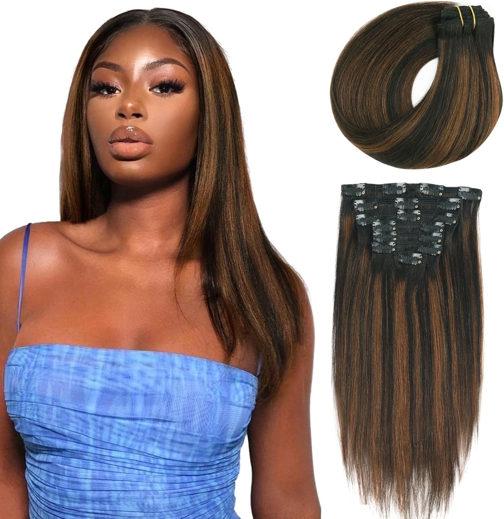 Clip In Human Hair Extensions Yaki Straight Remy 7 Pieces Set for Natural Look - Off Black with Medium Auburn 18 Inch - Valentines