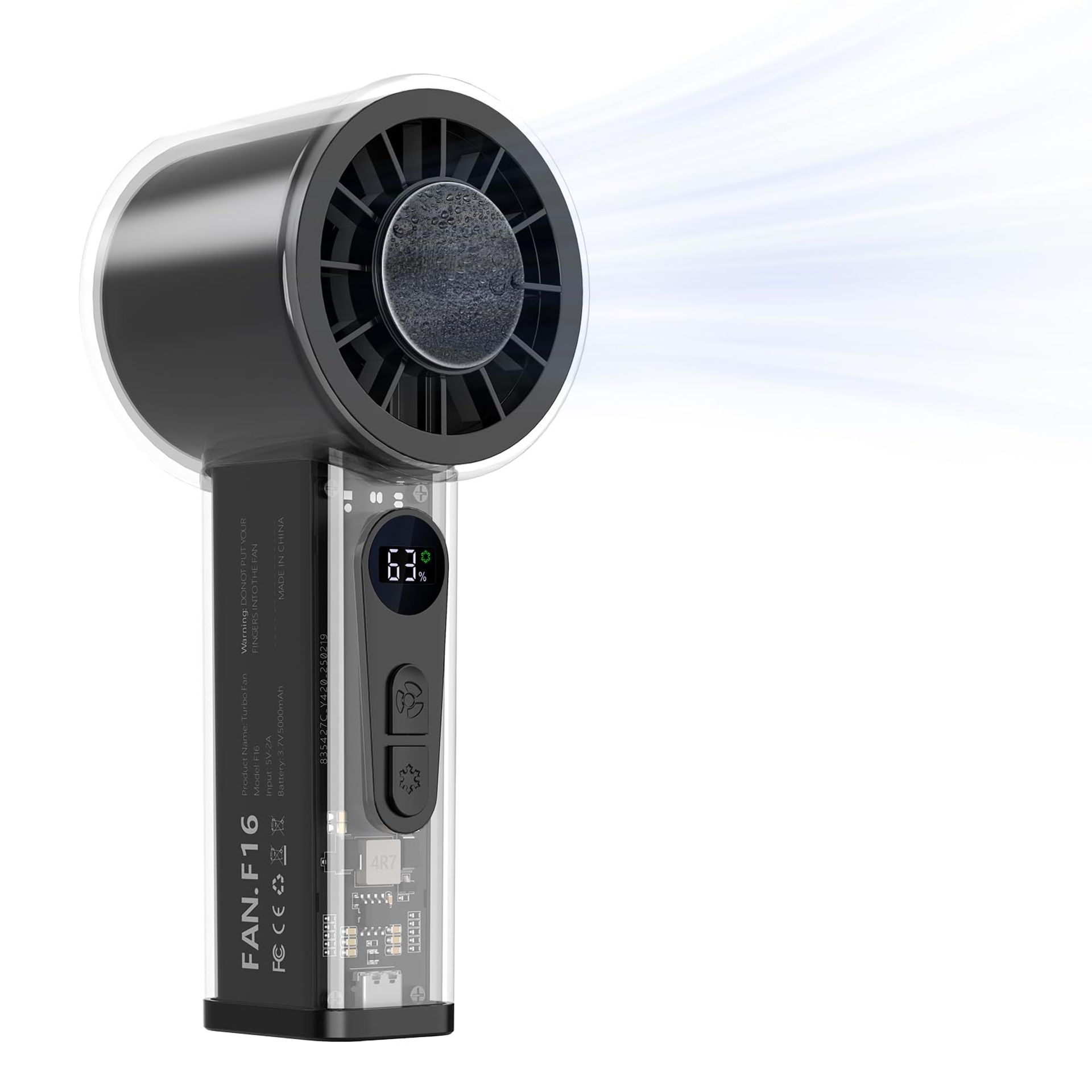 Handheld Turbo Fan with Ice Cooling, Dual Airflow, 6-Speed, 5000mAh Rechargeable Battery for Travel & Outdoor Use - Black temF16