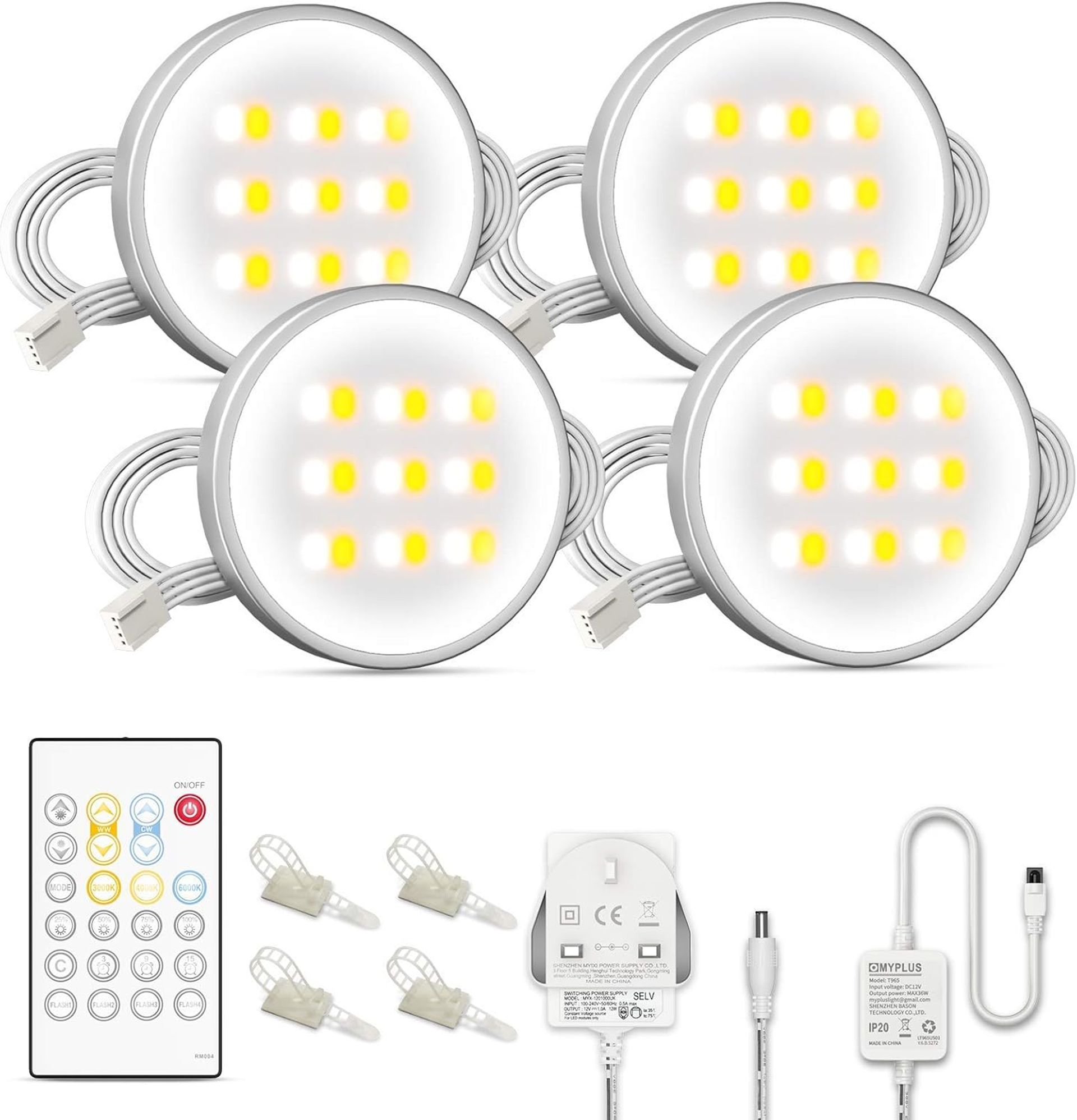LED Under Cabinet Lighting Set of 4 with Remote Control, Dimmable Brightness, Adjustable Warm & Daylight Modes - Warm and Daylight White