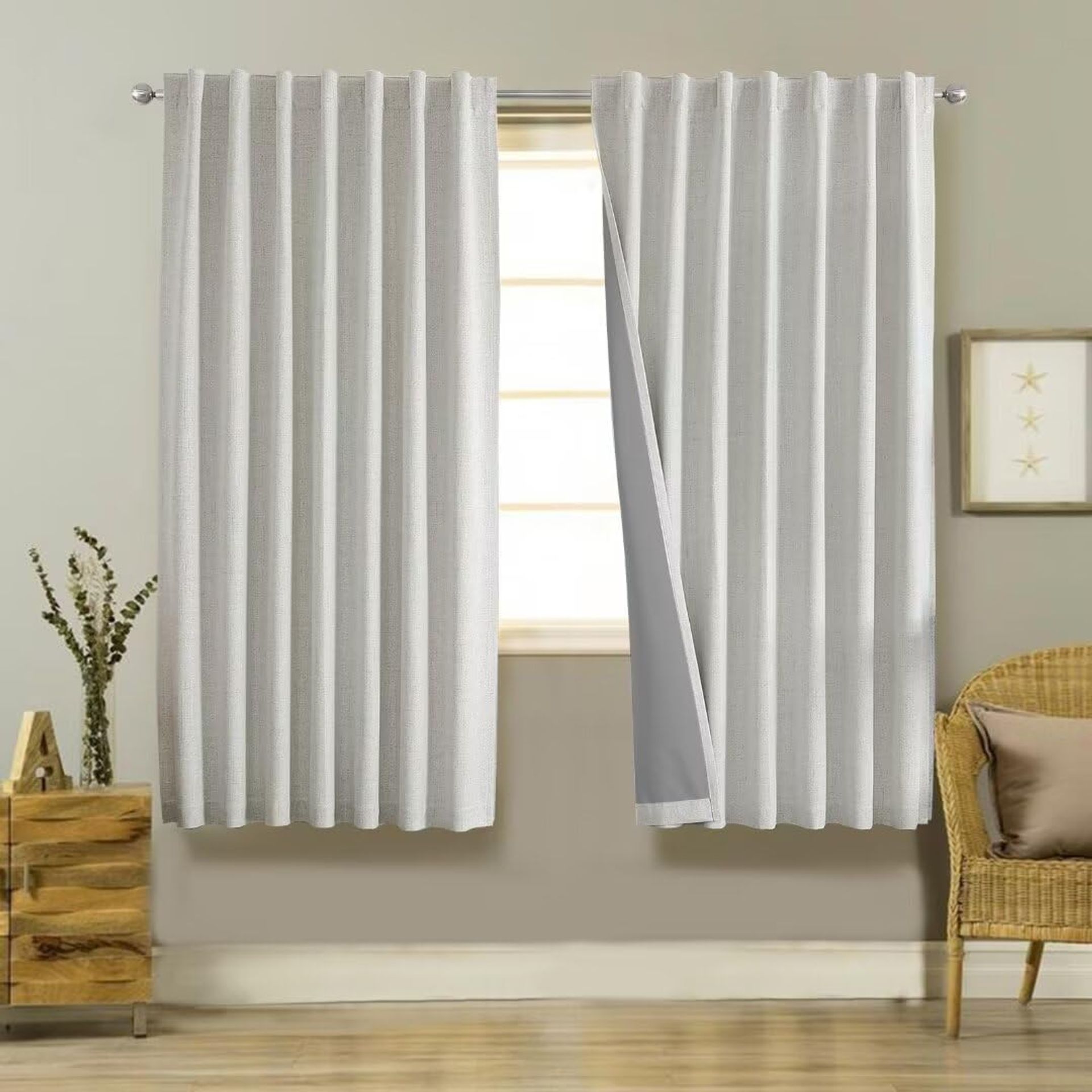 Blackout Thermal Lined Curtains 100% Light Blocking Linen Look with Back Tabs and Rod Pocket - White 55x68 Inch 2 Panels